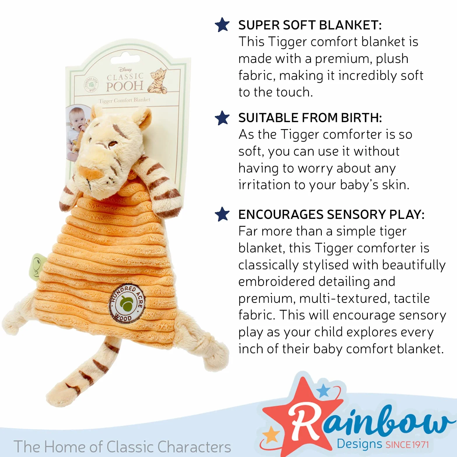Rainbow Designs Tigger Comfort Blanket - Baby Comforter Present, Tigger Winnie the Pooh Friends From Hundred Acre Wood, Winnie The Pooh Blanket, Newborn Super Soft Gift