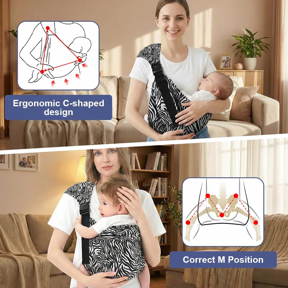 Nosidełko dla niemowląt, nosidełko, ergonomiczne nosidełko, wygodne i lekkie, odpowiednie dla noworodków, maksymalne obciążenie 20 kg, nadruk zebry