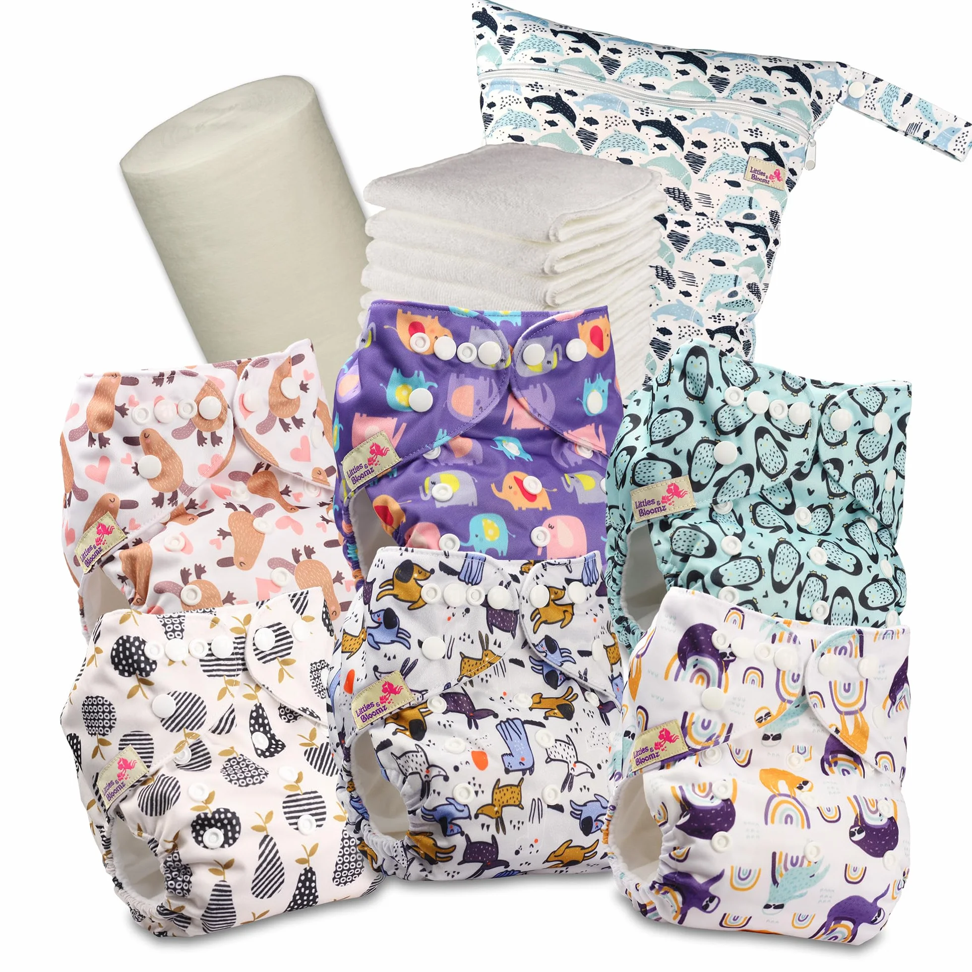 Littles & Bloomz Pieluchy Wielorazowe – Pielucha Kieszonkowa z Napami, 6 Pieluch + 6 Wkładów z Mikrofibry, Bambusowy Papier do Przewijania i Worek na Mokre Pieluchy, 628PM6