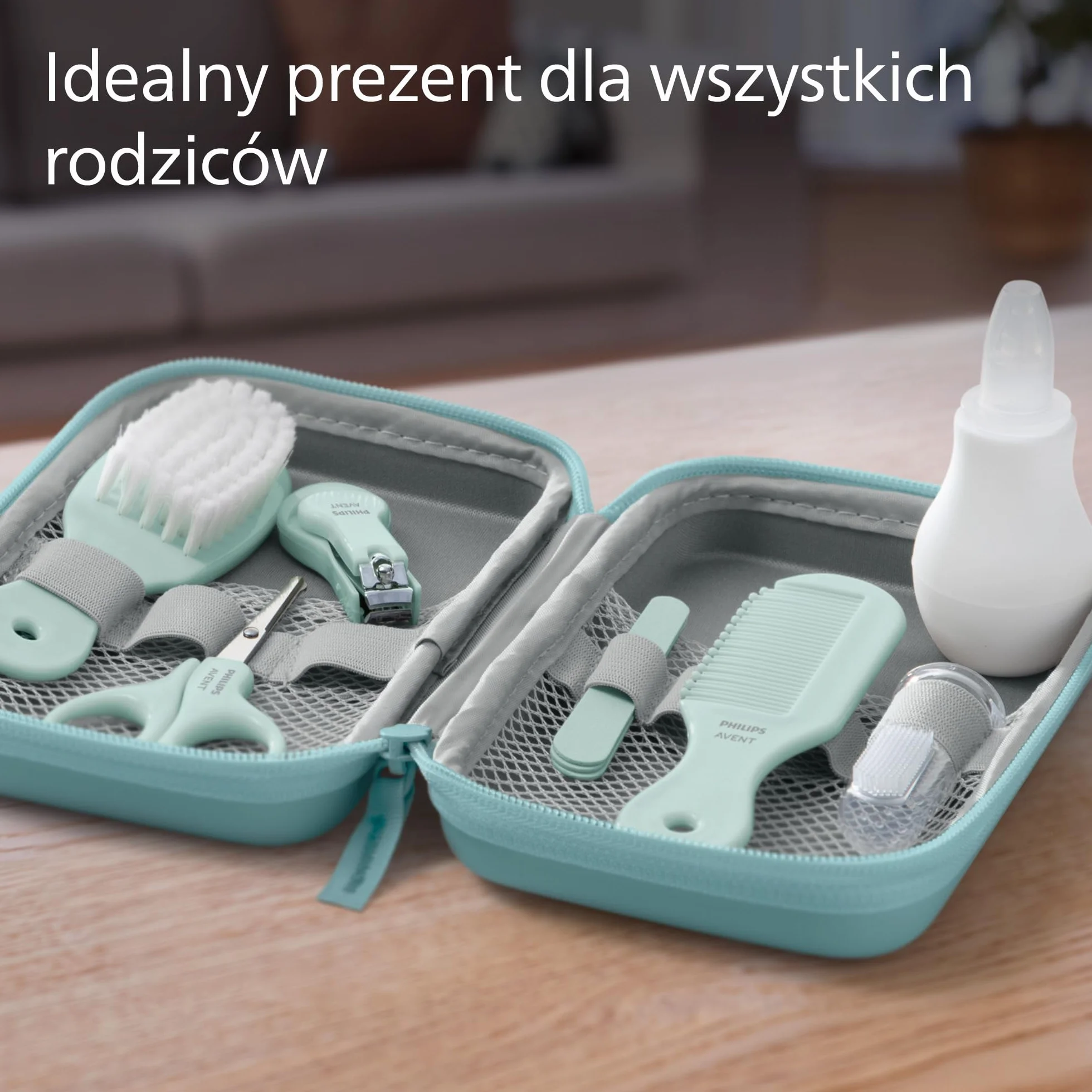 Philips Avent Zestaw do pielęgnacji dziecka, cążki do paznokci, nożyczki, 3 pilniczki, grzebień, szczotka do włosów, aspirator do nosa i szczoteczka do zębów na palec (model SCH401/00)