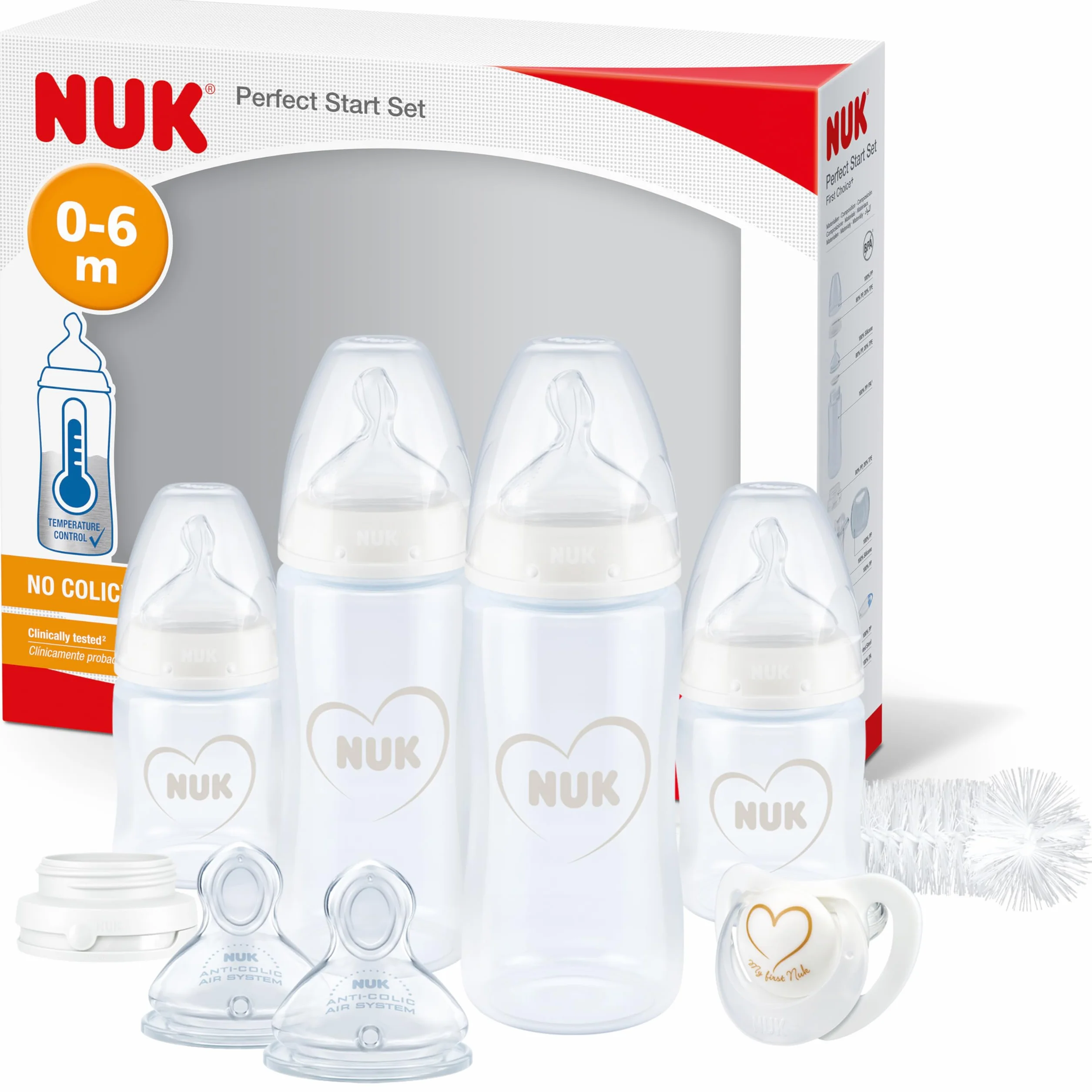 Zestaw butelek dla niemowląt NUK Perfect Start First Choice+ | 0-6 miesięcy | 4 butelki z kontrolą temperatury, smoczek, szczoteczka do butelek i akcesoria | Nie zawiera BPA | Szary i biały | 10 sztuk