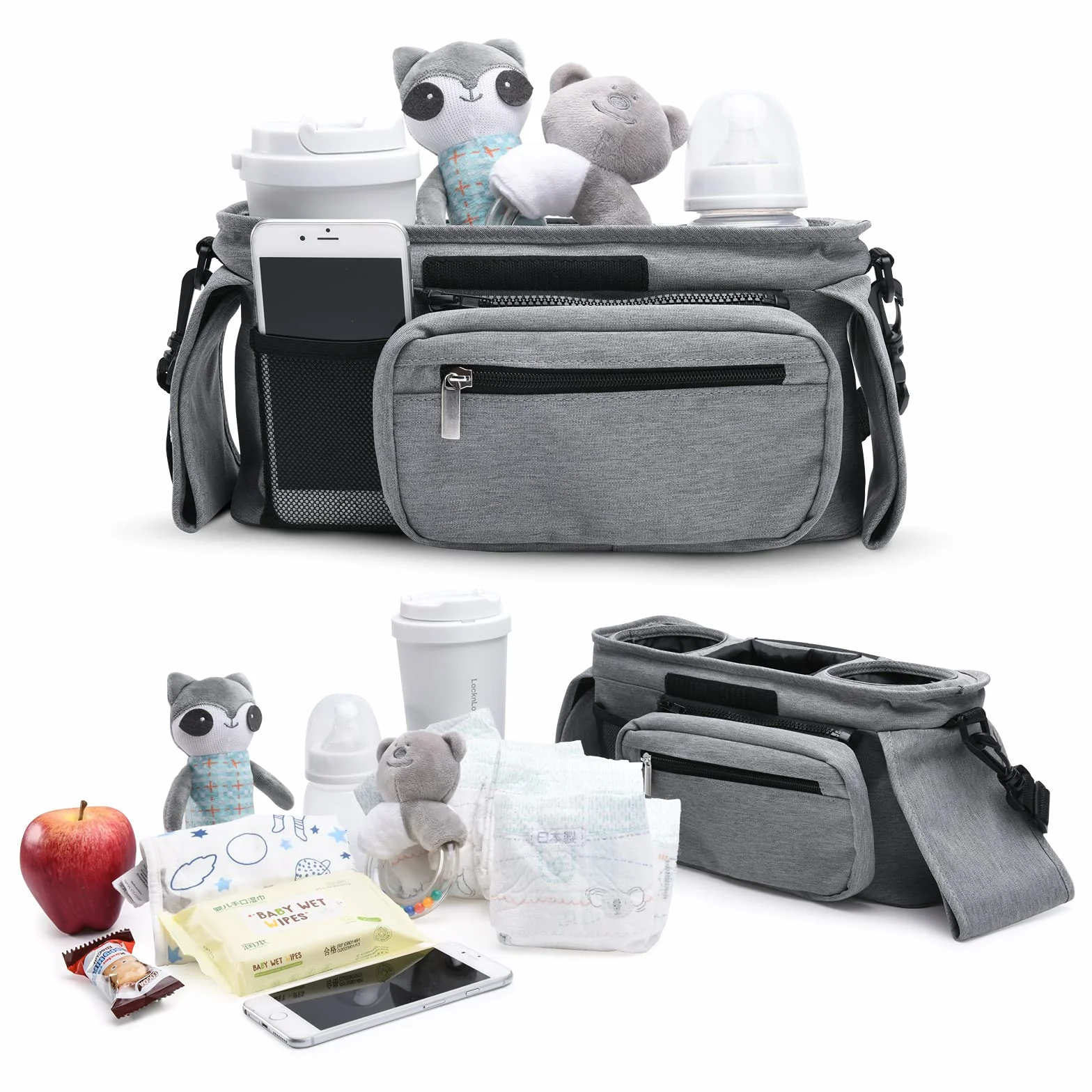 Momcozy Organizer do wózka dziecięcego, wielofunkcyjny, z odpinaną kieszenią, kieszenią na telefon komórkowy, 2 uchwyty na kubki i pasek na ramię, organizer do wózka dziecięcego