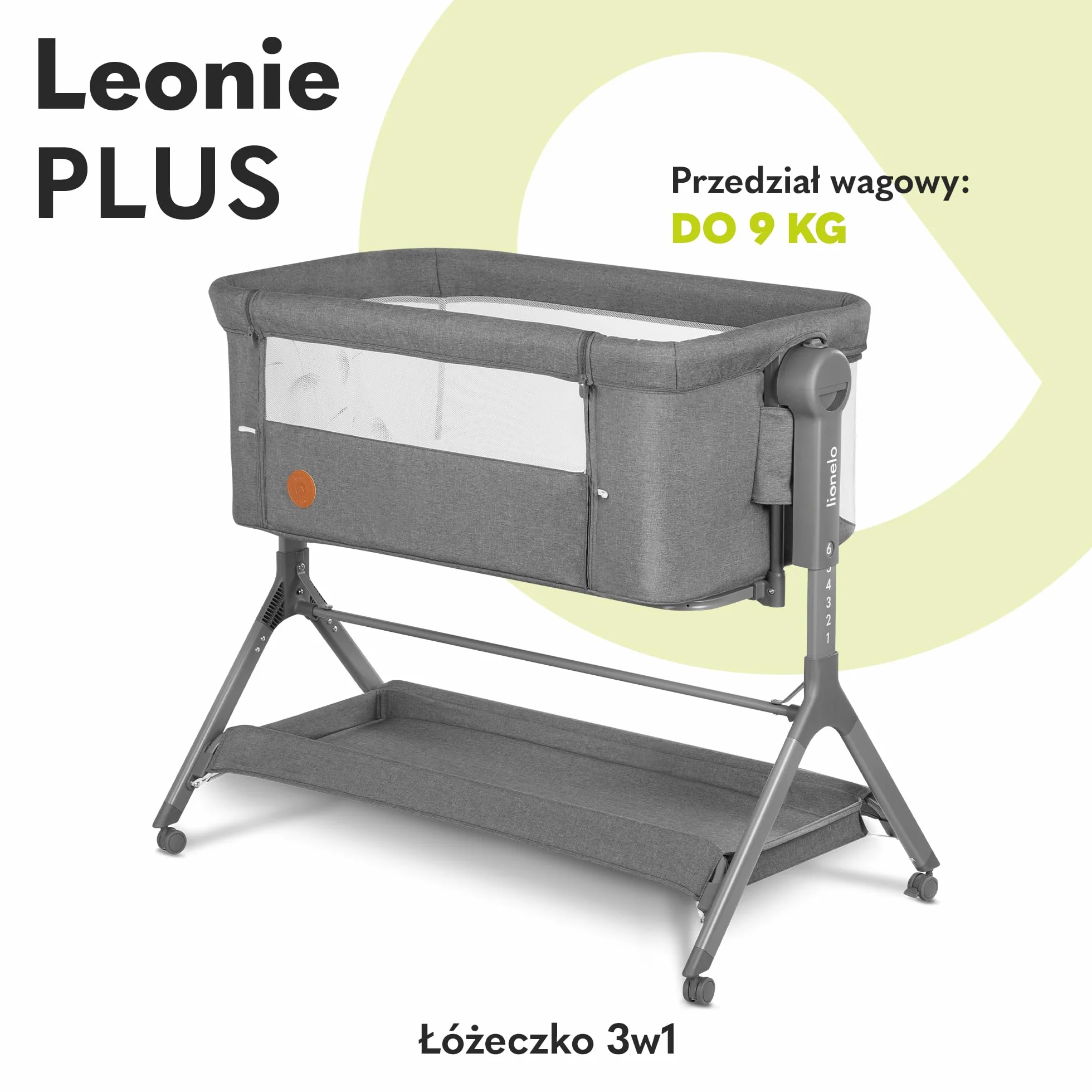 LIONELO LEONIE Plus 3 w 1 Dziecięce Łóżeczko Wolnostojące do 9kg, Łóżeczko Dostawne i Kołyska, Regulacja Wysokości, Przewiewne Ścianki, Odpinany Bok, Kółka z Hamulcem Duży Kosz