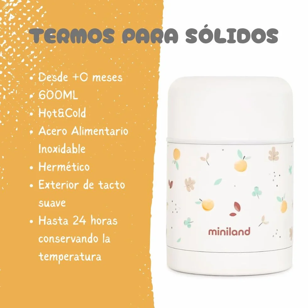 Miniland Food Thermy Valencia 600 ml. Termo do stałej żywności, z podwójną warstwą stali, która utrzymuje temperaturę żywności przez wiele godzin. Kolekcja Valencia