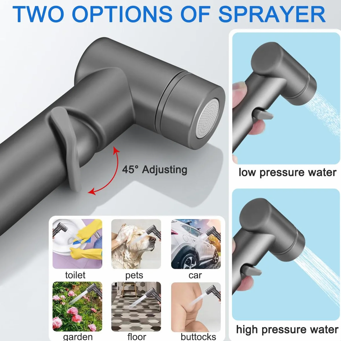 Podwójny zawór sterujący 1-w-2-out mini bateria toaletowa zestaw opryskiwacza podkładka doczołowa, wielofunkcyjny ręczny bidet spray do pieluch łazienkowych, natrysk, wąż i akcesoria (2 szt., szary)
