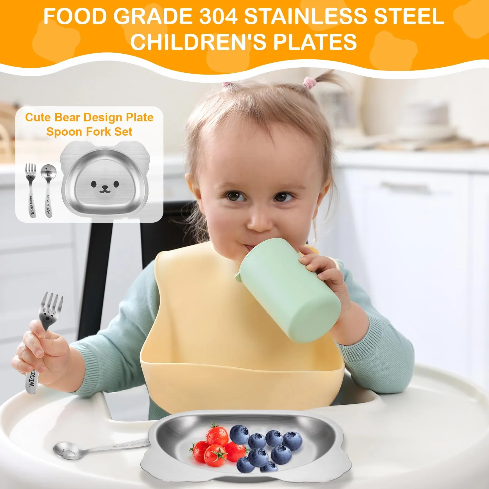 Talerz dla niemowląt ze stali nierdzewnej 304 z silikonowym ssaniem, miska dla niemowląt z łyżką i widelcem, bezpieczny, trwały, antypoślizgowy zestaw zastawy stołowej dla małych dzieci i