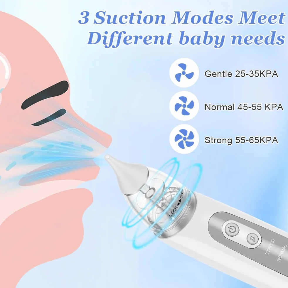 Vicloon Elektryczny aspirator do nosa dla niemowląt, z 3 przyssawkami, możliwość ponownego ładowania, z funkcją uspokajającej muzyki i 3 rozmiarami silikonowych końcówek, cichszy i przenośny