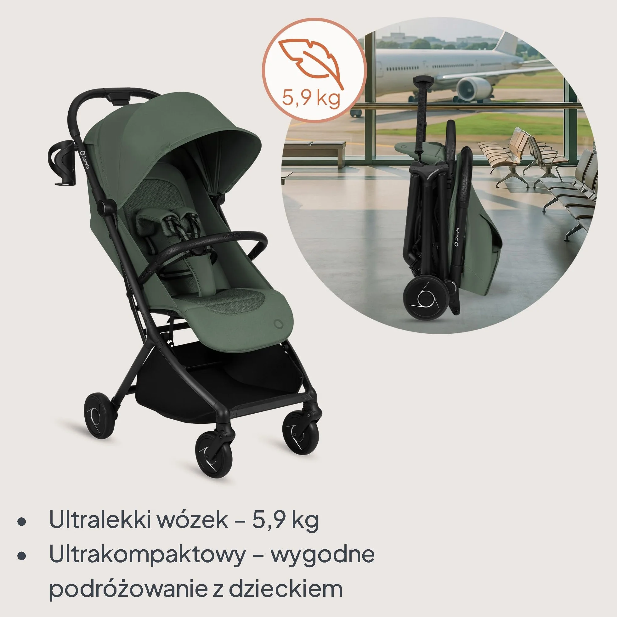 Lionelo Sia wózek podróżny ultralekki i ultra kompaktowy, składany, 5,9 kg, do 22 kg, od 6 miesięcy do 4 lat, pozycja leżąca, zawieszenie, osłona UPF50+, moskitiera, kosz na zakupy 3 kg, uchwyt na