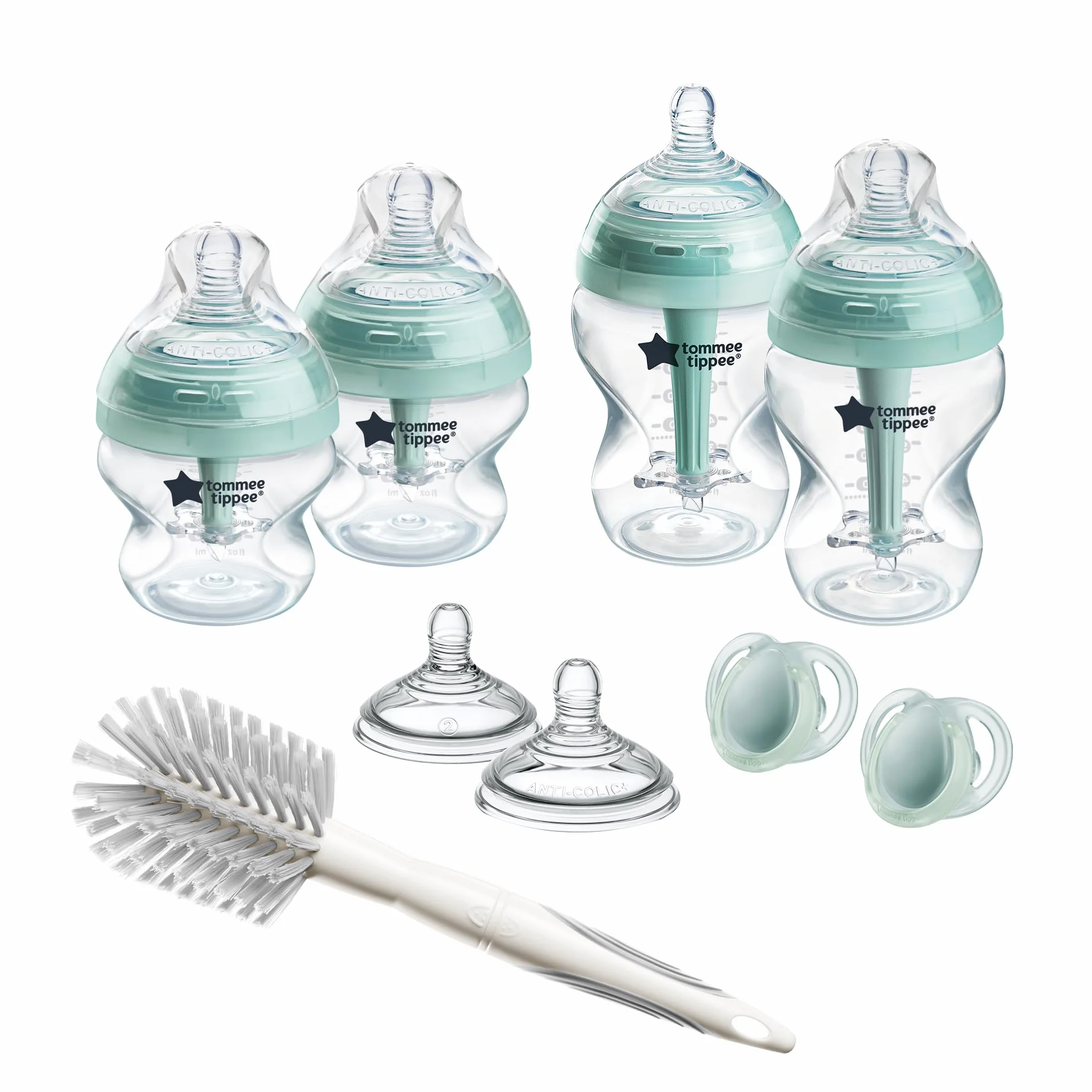 Tommee Tippee Butelki dla noworodków, zaawansowane pudełko antykolkowe, 4 butelki dla niemowląt z 2 smoczkami o średnim przepływie, antykolkowa rurka wentylacyjna
