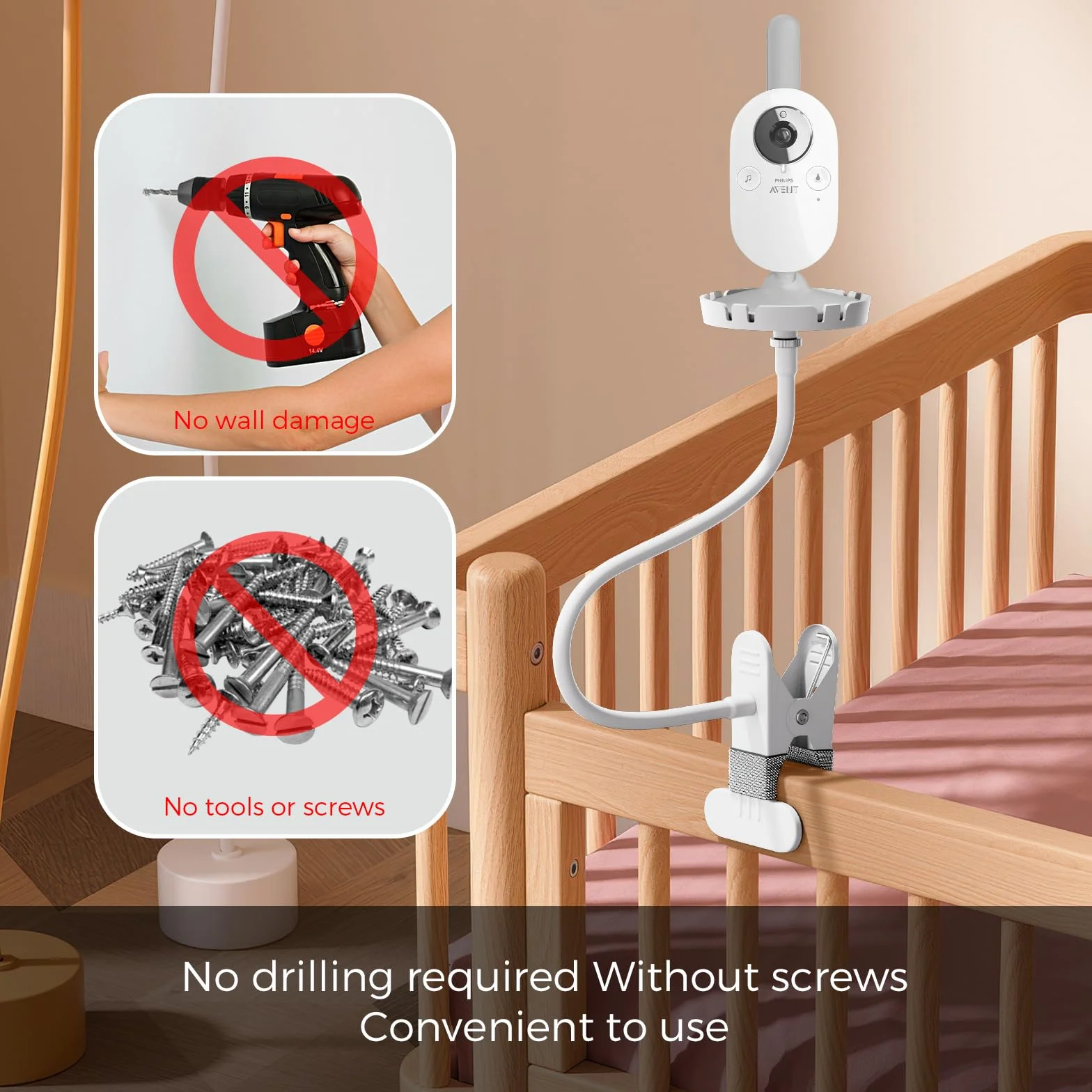 Uchwyt do monitora dla niemowląt dla Philips Avent Babyphone SCD843/26, SCD833/26, SCD891/26, SCD630/26 – Elastyczny klips do wideo monitora dla niemowląt, obrotowy o 360°, bez wiercenia, montaż na