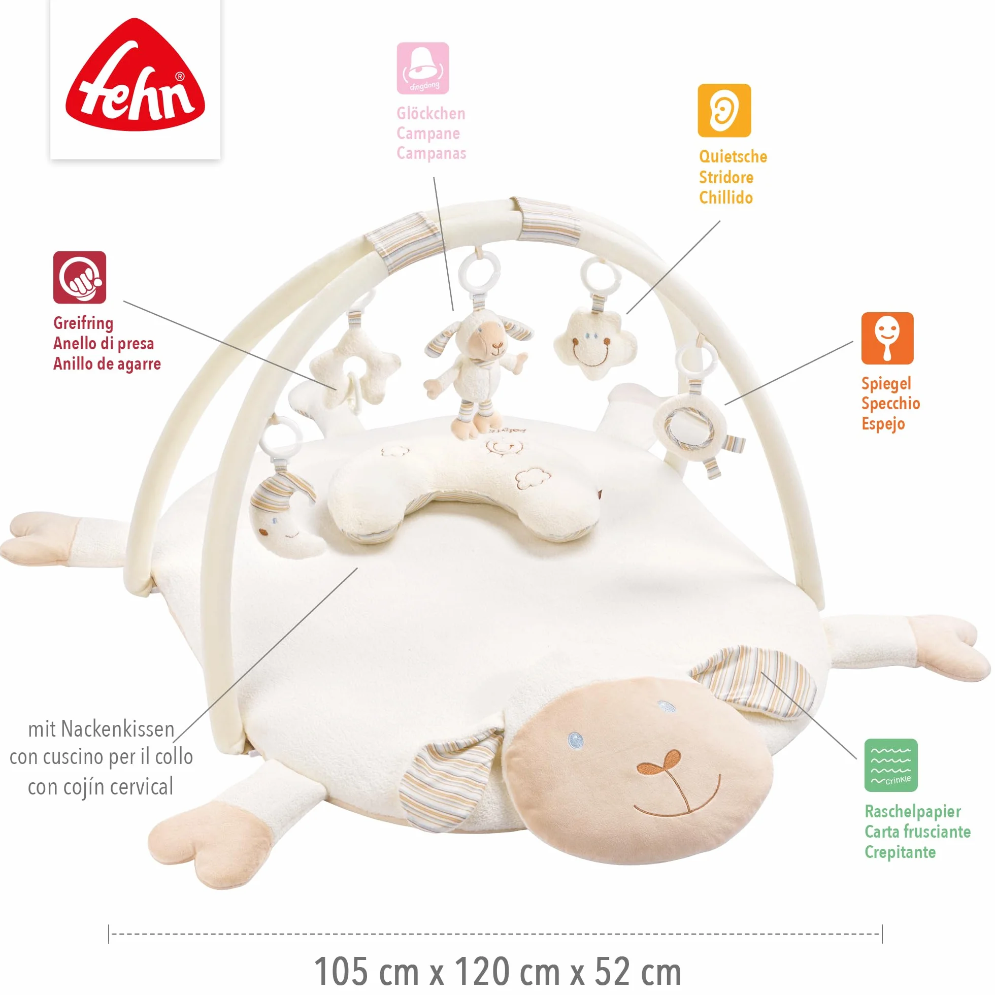 Fehn 154580 koc 3D Activity z 5 zdejmowanymi zabawkami dla niemowląt do zabawy i zabawy od urodzenia/wymiary: 90 x 75 cm, Owca