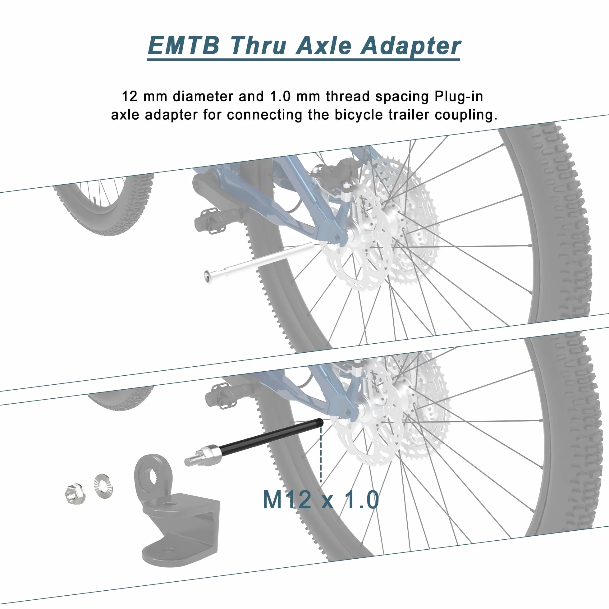 EMTB Adapter osi wtykowej M12, oś wtykowa z adapterem osi rowerowej, oś wtykowa, kompatybilna z większością sprzęgieł do przyczep rowerowych