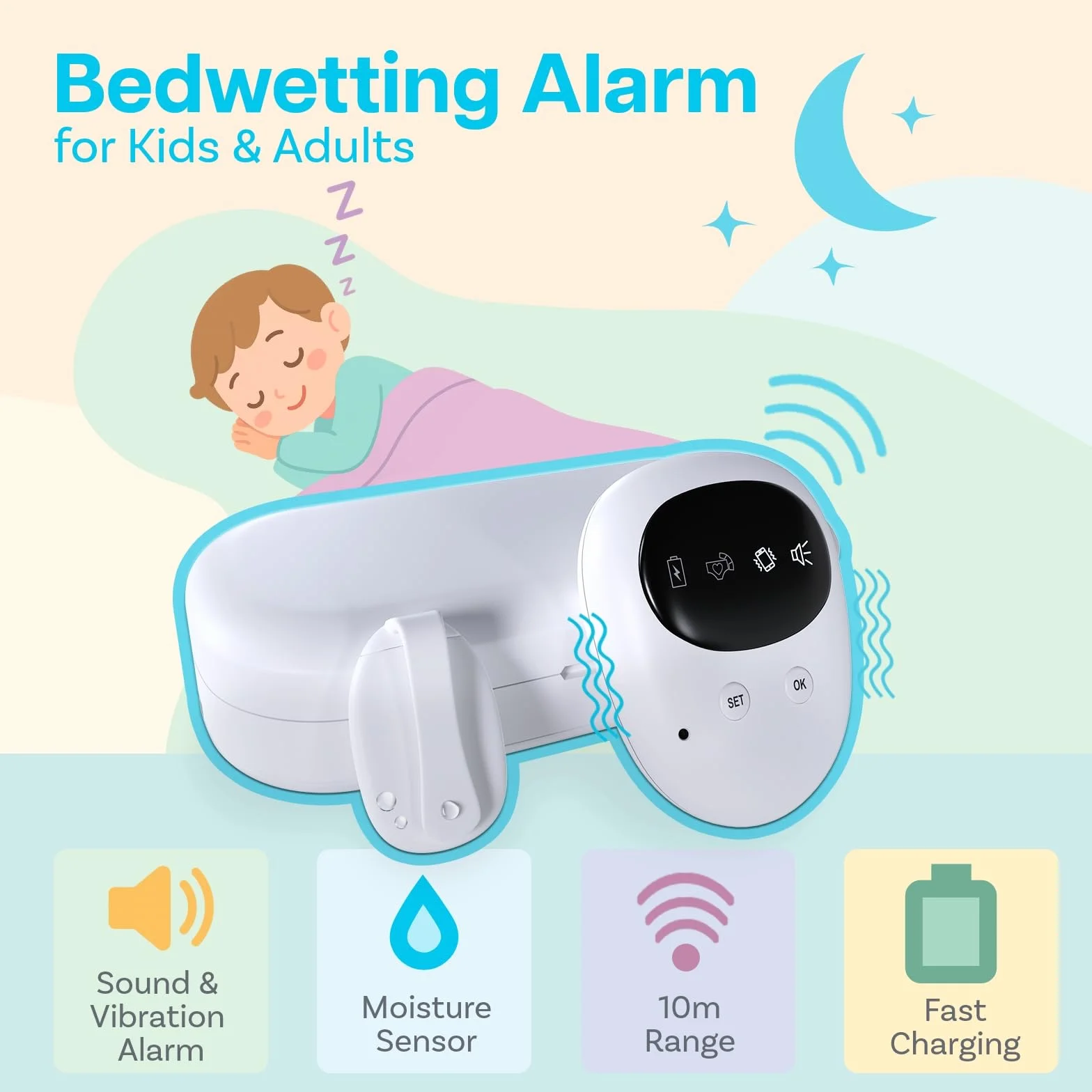 Bezprzewodowy Alarm o Moczeniu Nocnym firmy MMOBIEL - Alarm Moczenia Nocnego z Dźwiękowy Wibracyjny - Czujnik Moczenia Nocnego dla Dzieci i Dorosłyc - Trening Czystości - Ładowalny przez USB