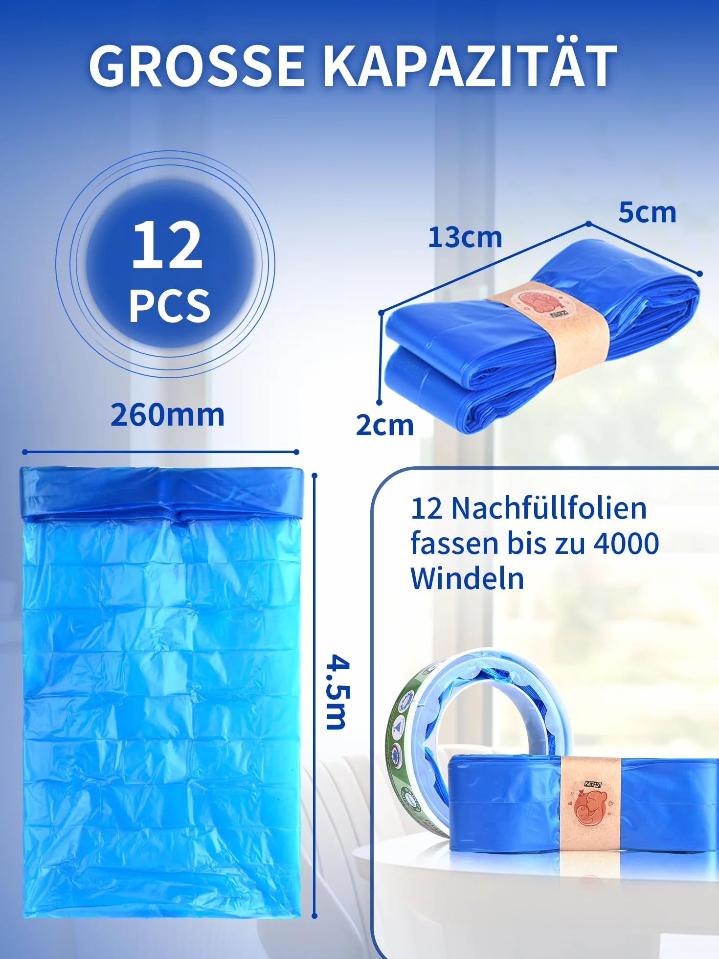 Wiadro na pieluchy, 12 sztuk, folia uzupełniająca do wiaderka na pieluchy, kaseta uzupełniająca, kuweta dla kota, pojemnik na pieluchy, bezzapachowe, worki do uzupełniania, kompatybilne ze wszystkimi