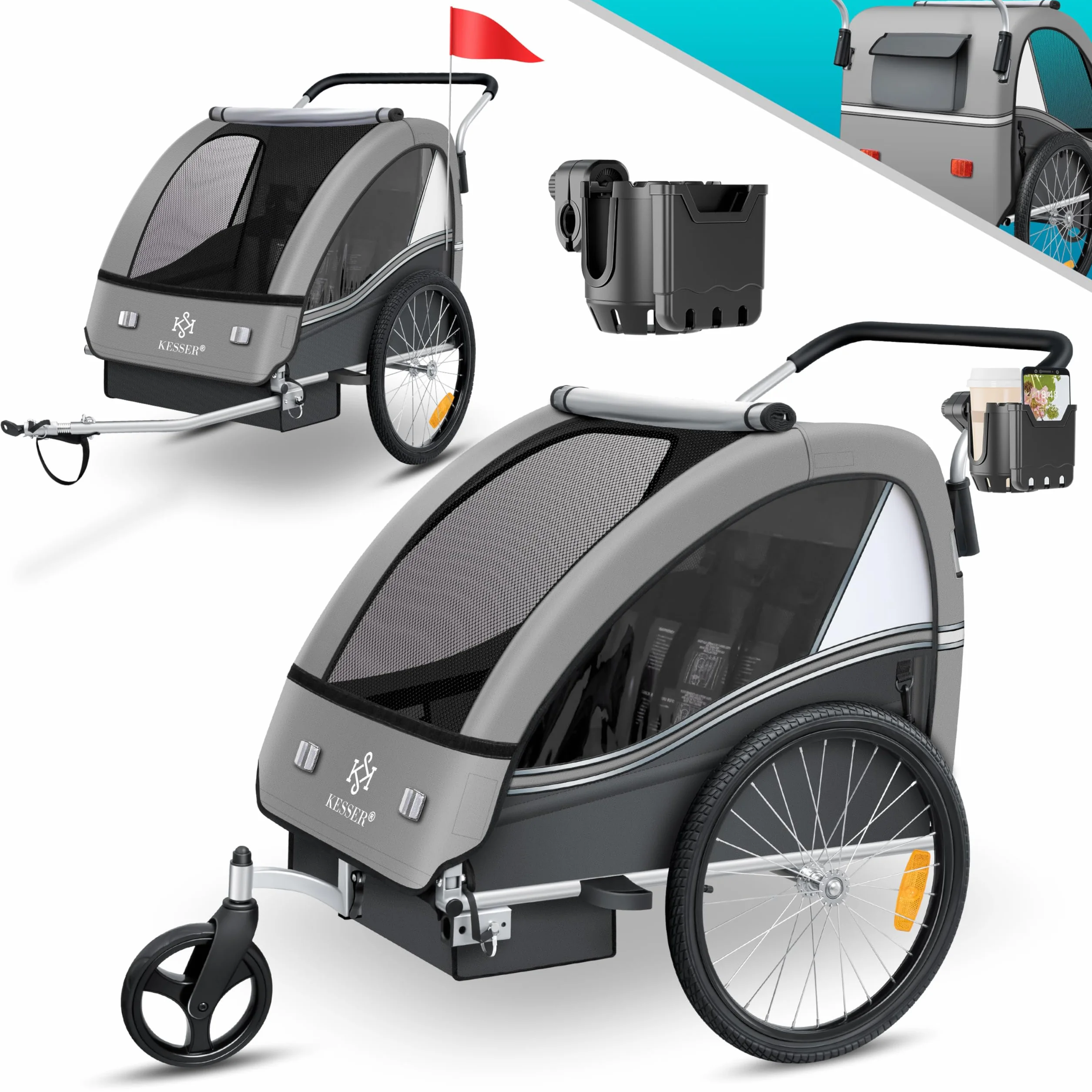 KESSER® Sport-RX 2 w 1 Przyczepka rowerowa dla dzieci, z funkcją jogger, 5-punktowy pas bezpieczeństwa, przednie koło obracane o 360º, spacerówka, dla 1-2 dzieci, maks. 40 kg