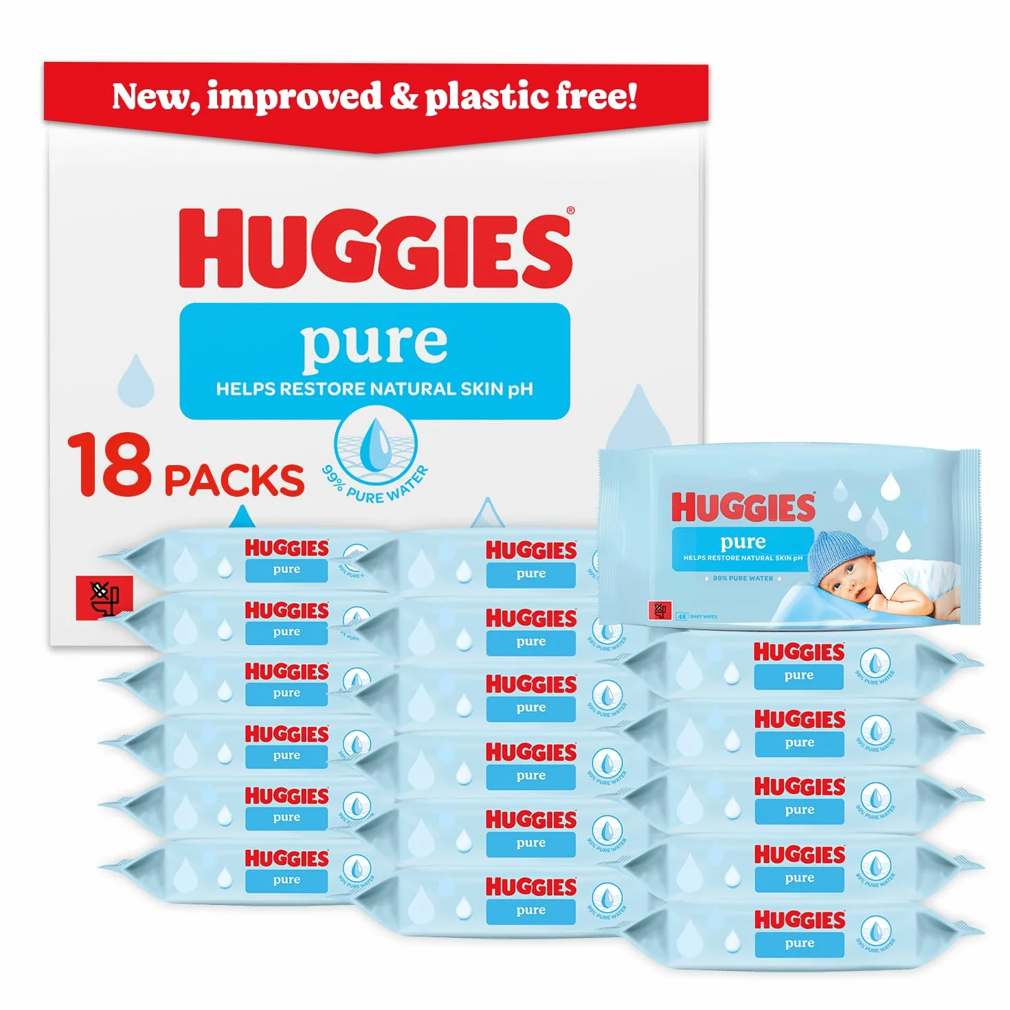 Huggies Chusteczki dla niemowląt z czystego plastiku – 99% chusteczki nawilżane wodą, bezzapachowe, hipoalergiczne, lepsze czyszczenie, miękkie i delikatne dla delikatnej skóry niemowląt – 18 sztuk