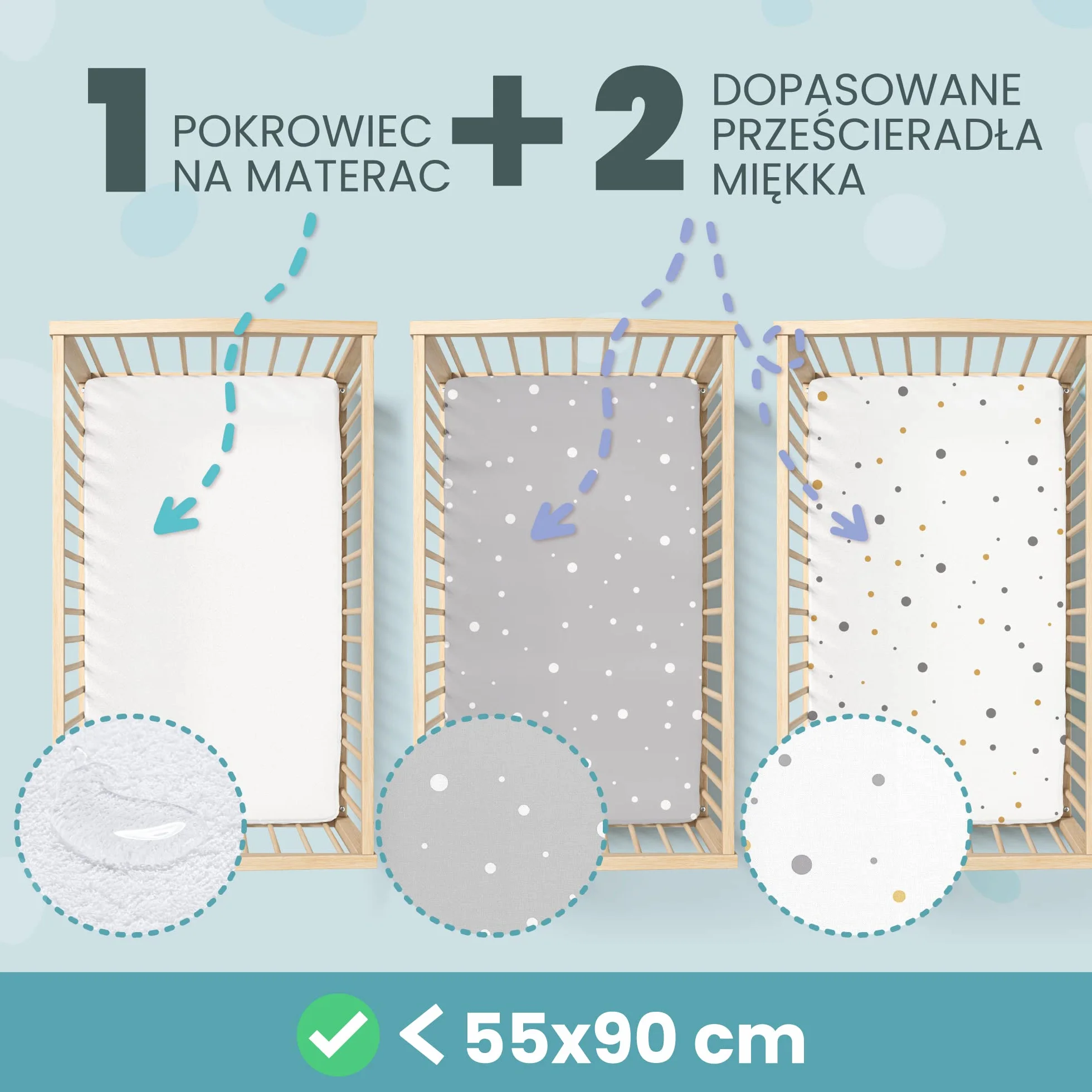 Zestaw 2 x 100% Bawełniane Prześcieradła z Gumką - 1 x 100% Wodoodporny Pokrowiec na Materac - Zestaw 3-55x90cm - Szary
