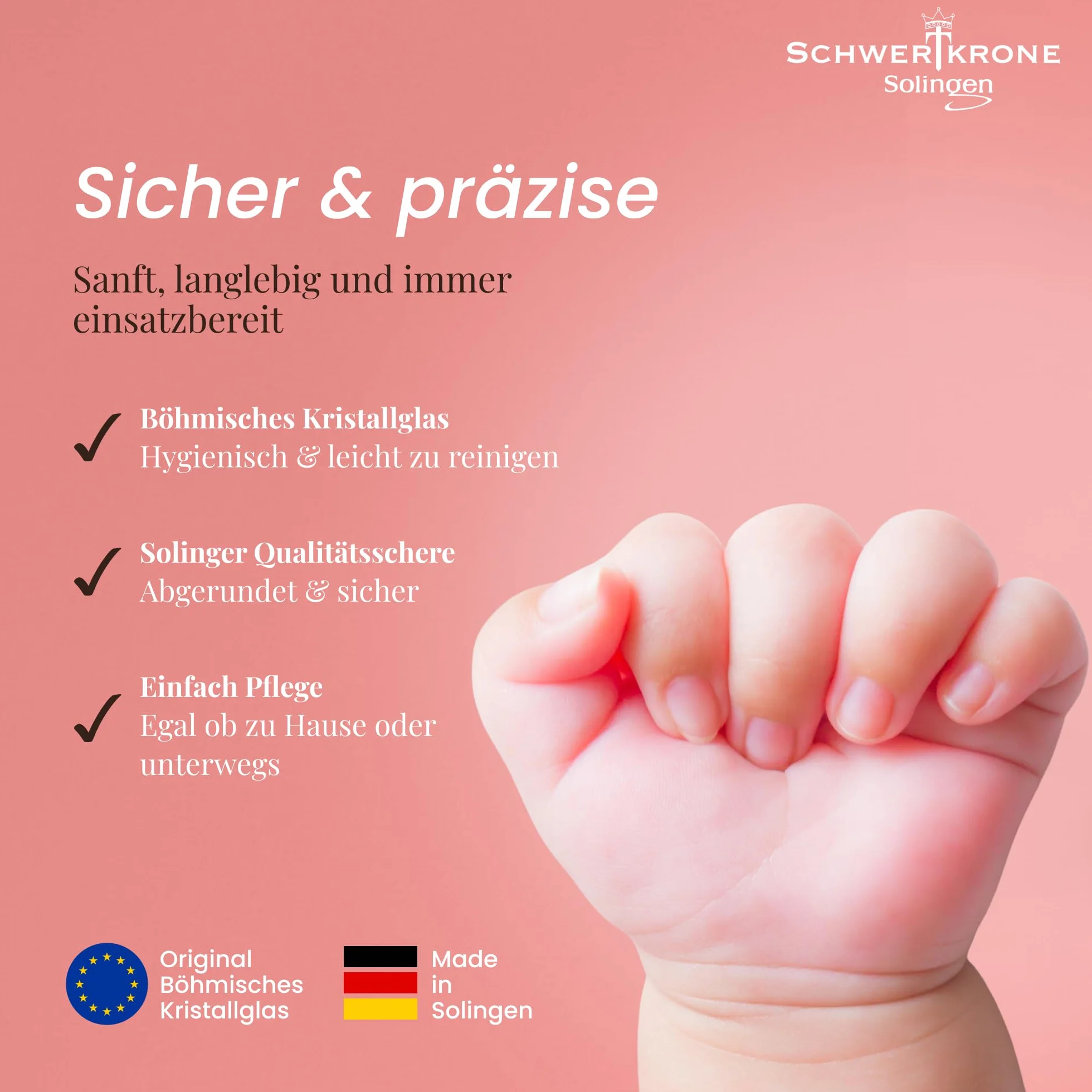 SCHWERTKRONE Solinger zestaw do paznokci dla niemowląt – nożyczki do paznokci dla niemowląt z zaokrągloną końcówką i szklanym pilnikiem do paznokci z czeskiego kryształu – bezpieczne i delikatne dla