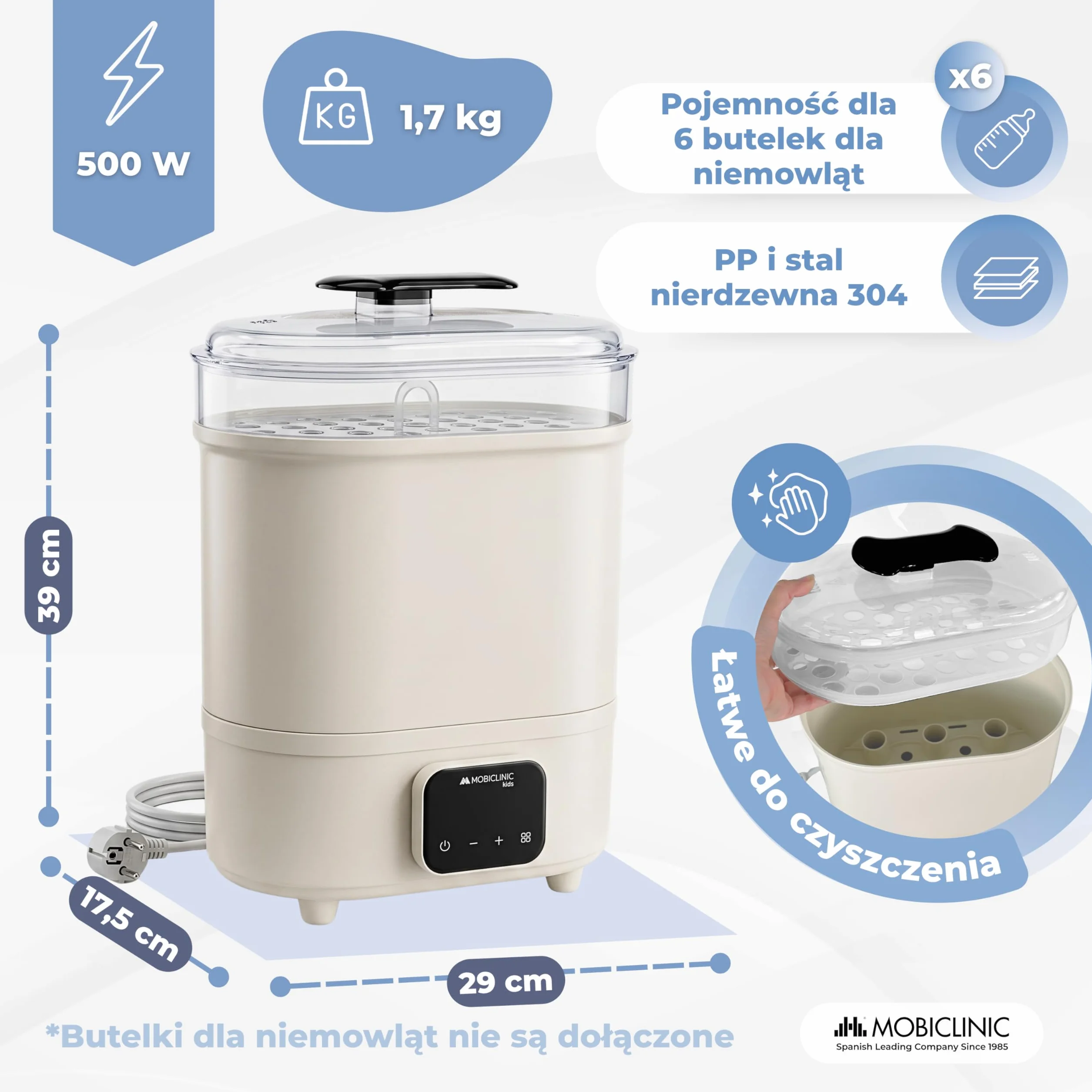 Mobiclinic®, Sterylizator do Butelek, 4 w 1, Tot 6 Flessen, Suszy, Utrzymuje Temperaturę, Tryb Automatyczny, Smoczków i Laktatorów, Ekran LCD, Kompaktowy, Mobibi