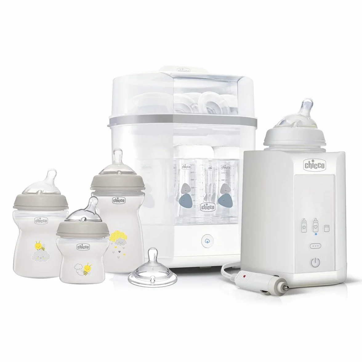 Chicco Zestaw startowy, butelka 3 w 1 ze sterylizatorem elektrycznym i podgrzewaczem do butelek, w zestawie 3 butelki Natural Feeling, biała, przezroczysta, żółta