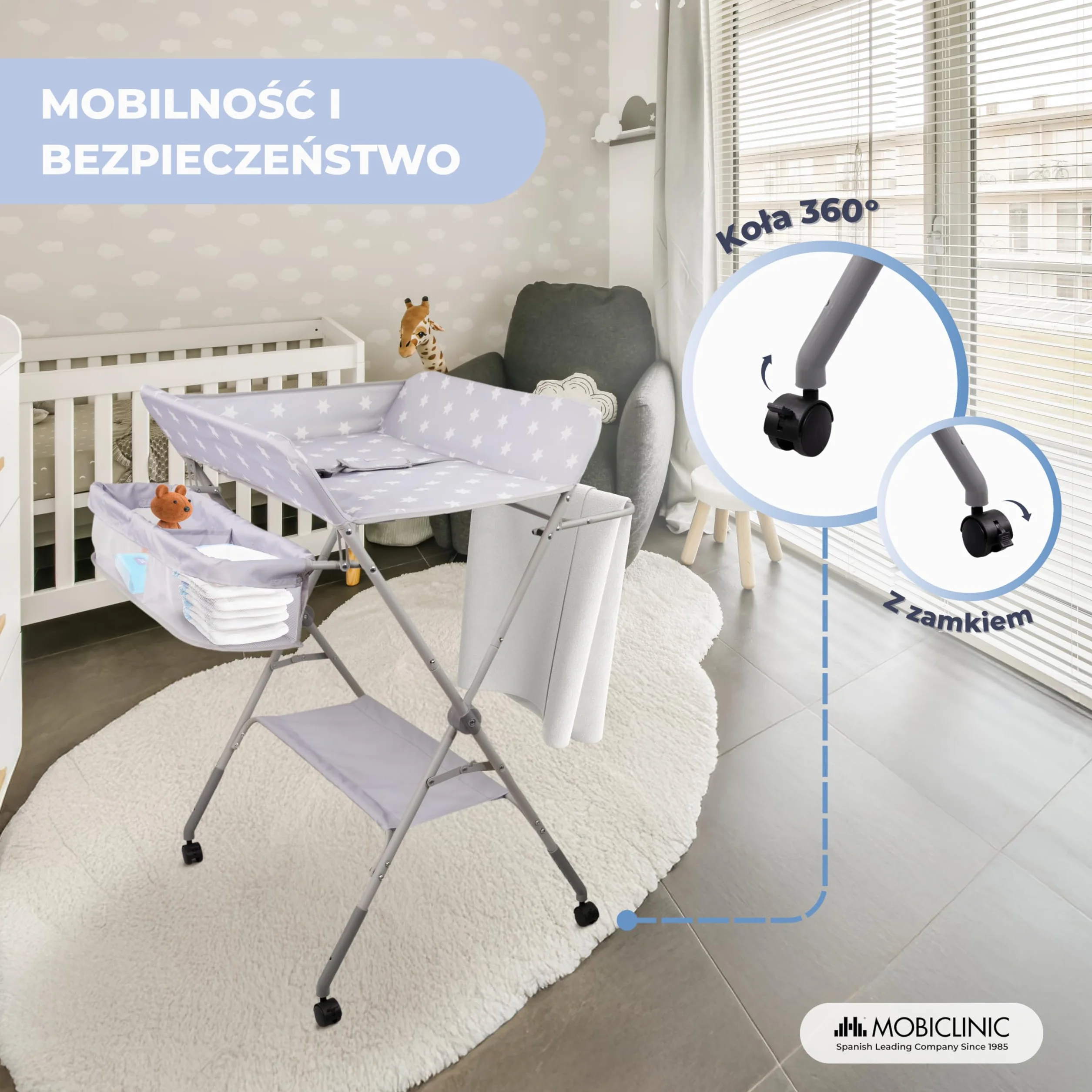 Mobiclinic®, Stół do Przewijania Niemowląt, Składany, Regulowana Wysokość, Do 15 kg, 0–36 Miesięcy, Organizer na Pieluchy, Kółka 360° z Hamulcem, Uprząż i Barierka Zabezpieczająca, Zmywalny, Zoey