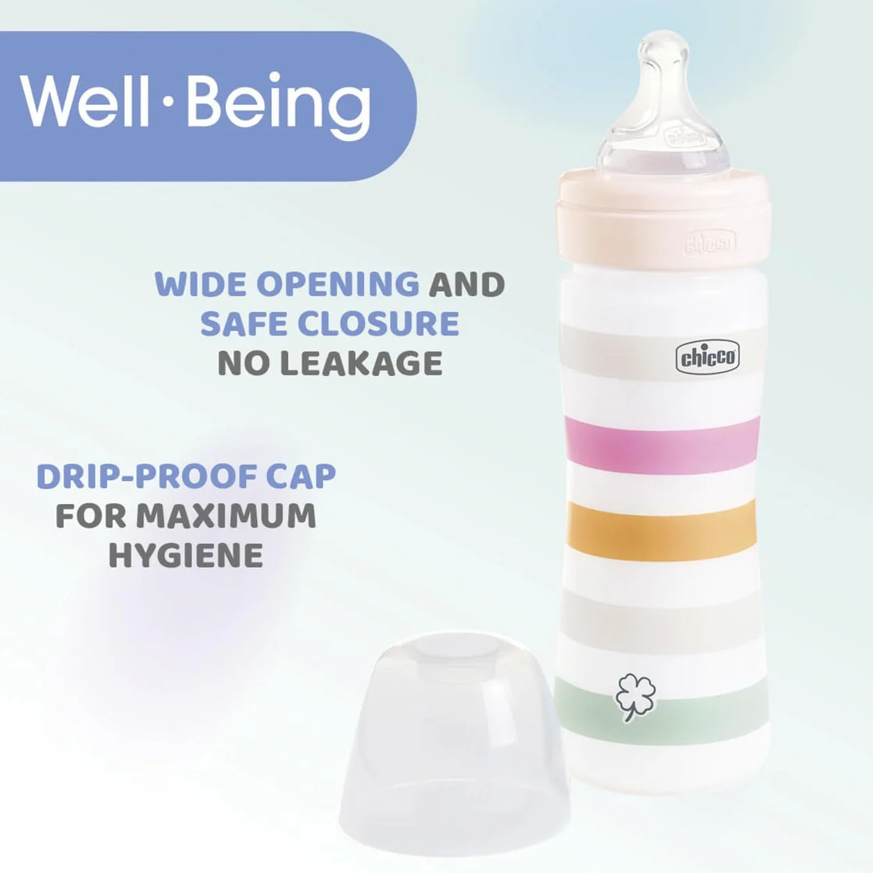 Chicco Butelka Well-Being Medium Flux, z przyssawką fizjoterapeutyczną z miękkiego silikonu i miękkim wykończeniem, antykoliczna, redukuje odbijanie i drażliwość, plastikowa butelka 250 ml, 2 miesiące