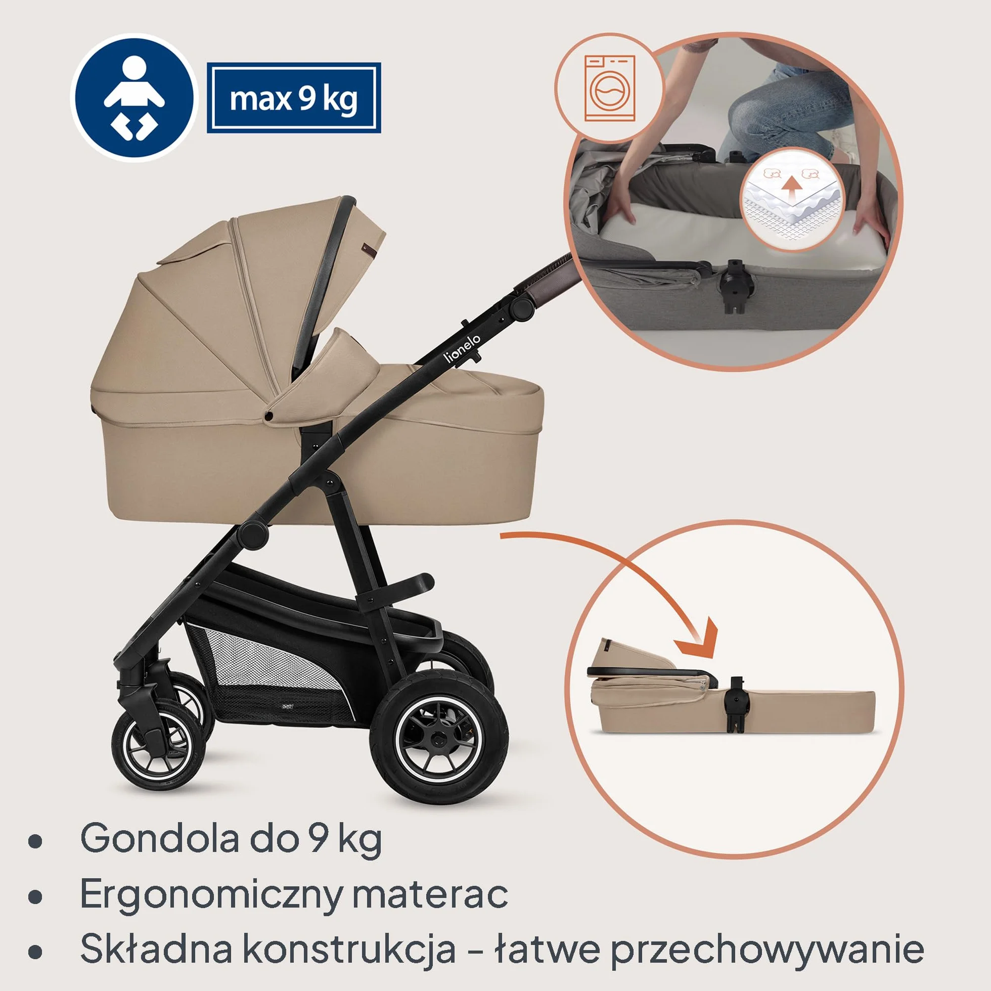 LIONELO BIANKA Wózek Spacerowy Dziecięcy 3 w 1 do 22 kg Gondola Fotelik Samochodowy do 13 kg, Składany, System Podróżny Regulacja Oparcia Koła 360o Amortyzacja, Daszek XXL (Beżowy)