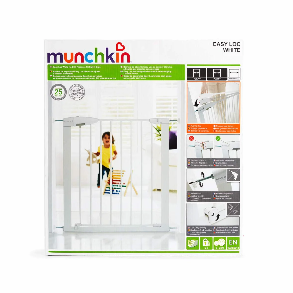 Munchkin Brama Schodowa Easy Loc, Bramka dla Dziecka, Mocowanie Rozporowe Pressure Fit, Zabezpieczająca, dla Dzieci i Zwierząt, na Schody i Drzwi, Łatwy Montaż, bez Śrub, 73-79 cm, Biała