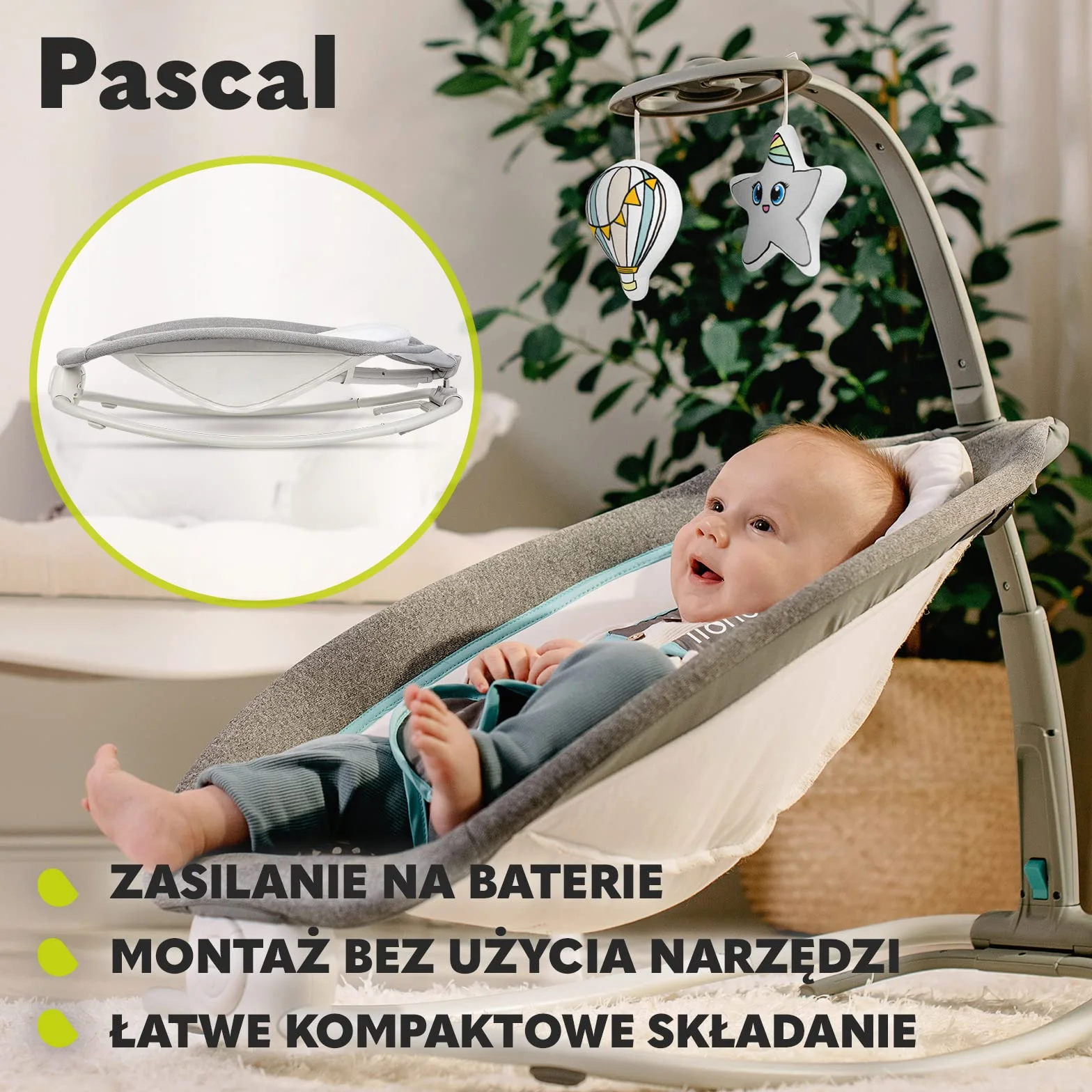 Lionelo Pascal Bujaczek Leżaczek dla Niemowląt z Wibracjami i Melodiami, Regulacja Oparcia 4 Pozycje, Karuzela z Zabawkami, 5-Punktowe Pasy, Tapicerka Prana w Pralce, Składany, od Urodzenia do 9 kg