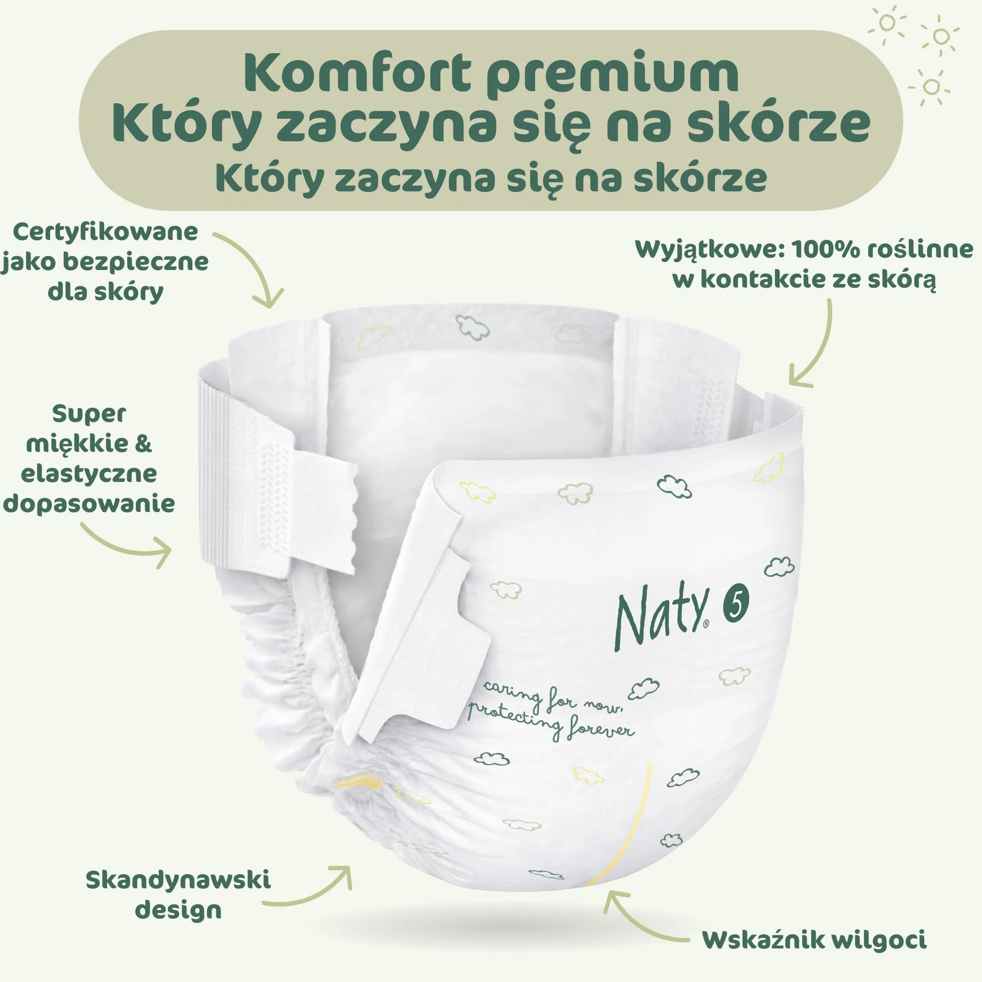 Naty BioEmbrace Pieluchy dla niemowląt | Certyfikowane bezpieczne dla skóry | Ochrona do 100% | Roślinna miękkość | Bez chloru | Rozmiar 5 (11–25 kg), 80 szt