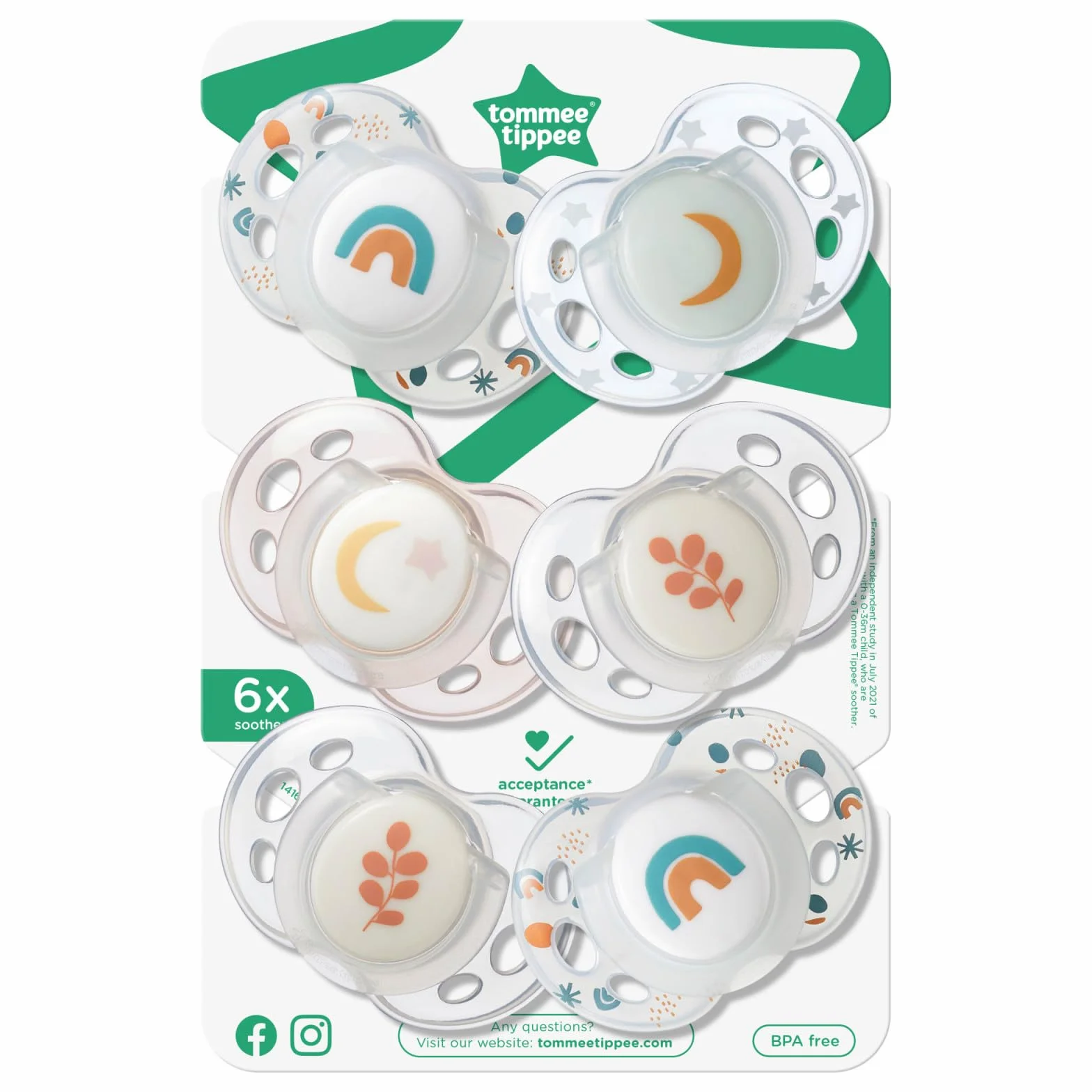 Tommee Tippee smoczek nocny, 18-36 miesięcy, 6 świecących się smoczków z kapsułką do sterylizacji wielokrotnego użytku