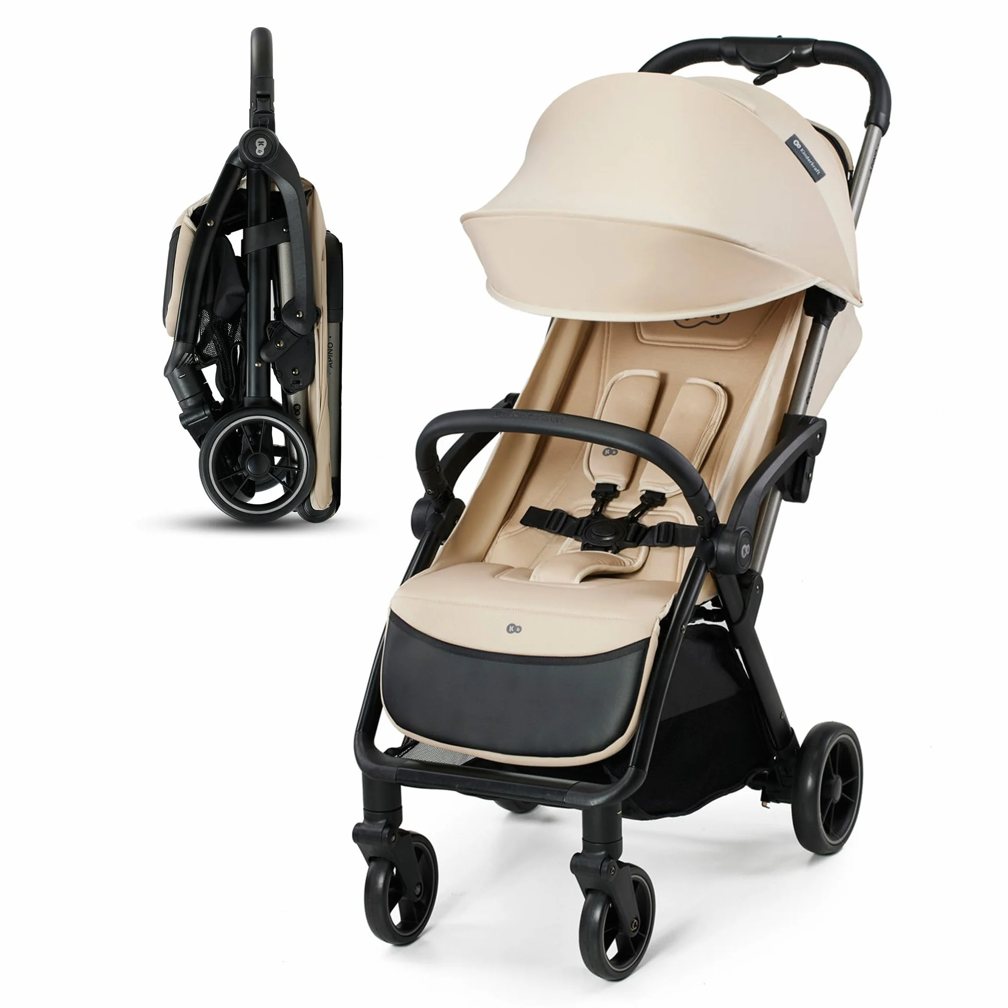 Kinderkraft APINO Lekka Spacerówka, Wózek dziecięcy, Idealny na podróż, AUTO FOLDING, Składany, Kompaktowy, Lekki, Tylko 7,5kg, Wodoodporna budka, Regulacja oparcia, obciążenie do 24kg, Beżowy