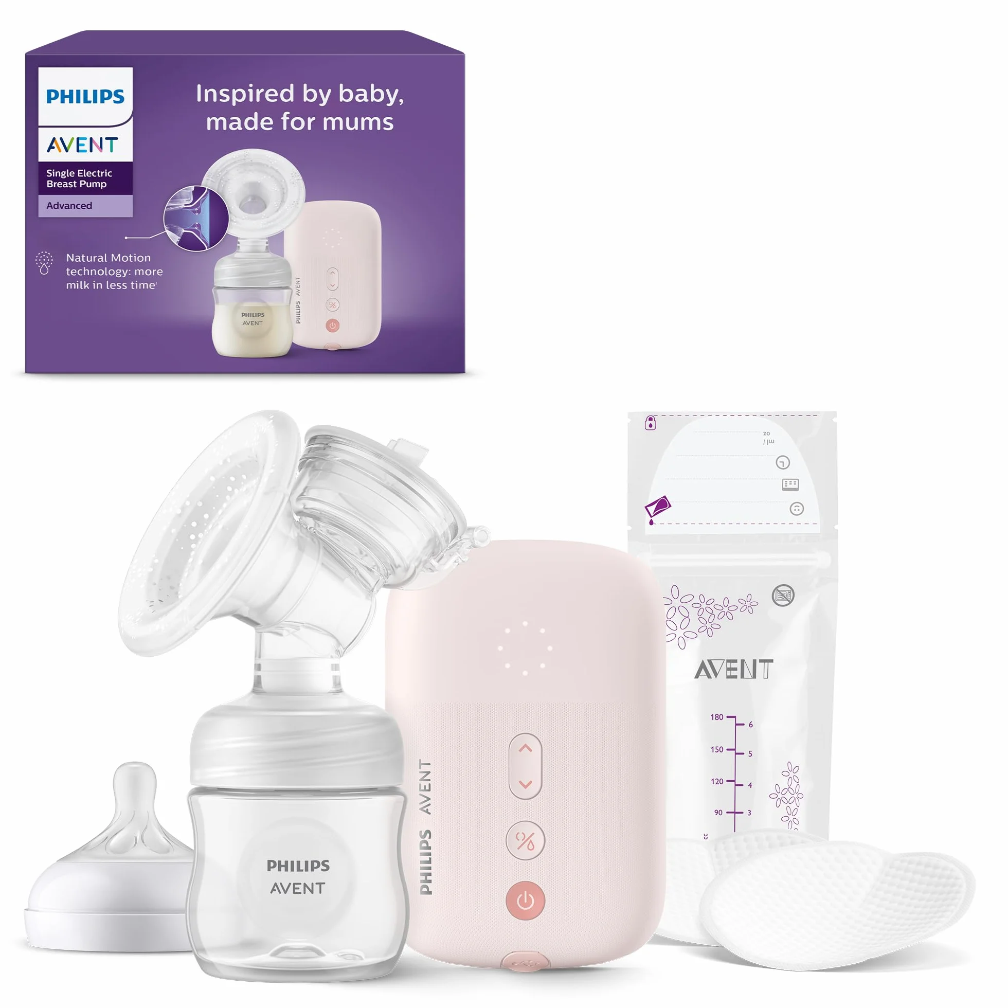 Philips Avent Pojedynczy laktator elektryczny, klasa szpitalna, taki sam rytm jak Twoje dziecko, w zestawie butelka o pojemności 125 ml i wkładki laktacyjne, model SCF395/31
