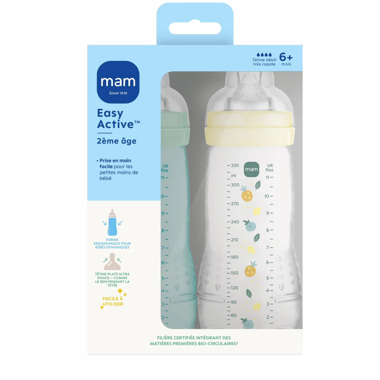 MAM | Easy Active 6+ Miesięczny Ice Color + Perła (zestaw 2 x 330 ml) - z silikonowym smoczkiem o dużej szybkości przepływu X - hermetyczne zamknięcie dla niemowląt