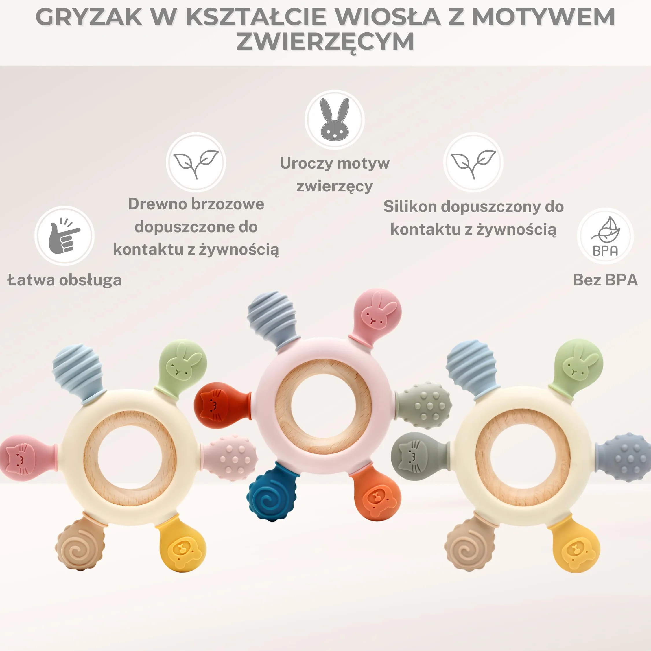 CAJA gryzak niemowlęcy silikonowy i drewniany bez BPA zabawka sensoryczna na ząbkowanie bezpieczny prezent z motywem zwierząt dla chłopca i dziewczynki łatwy do trzymania przez dziecko