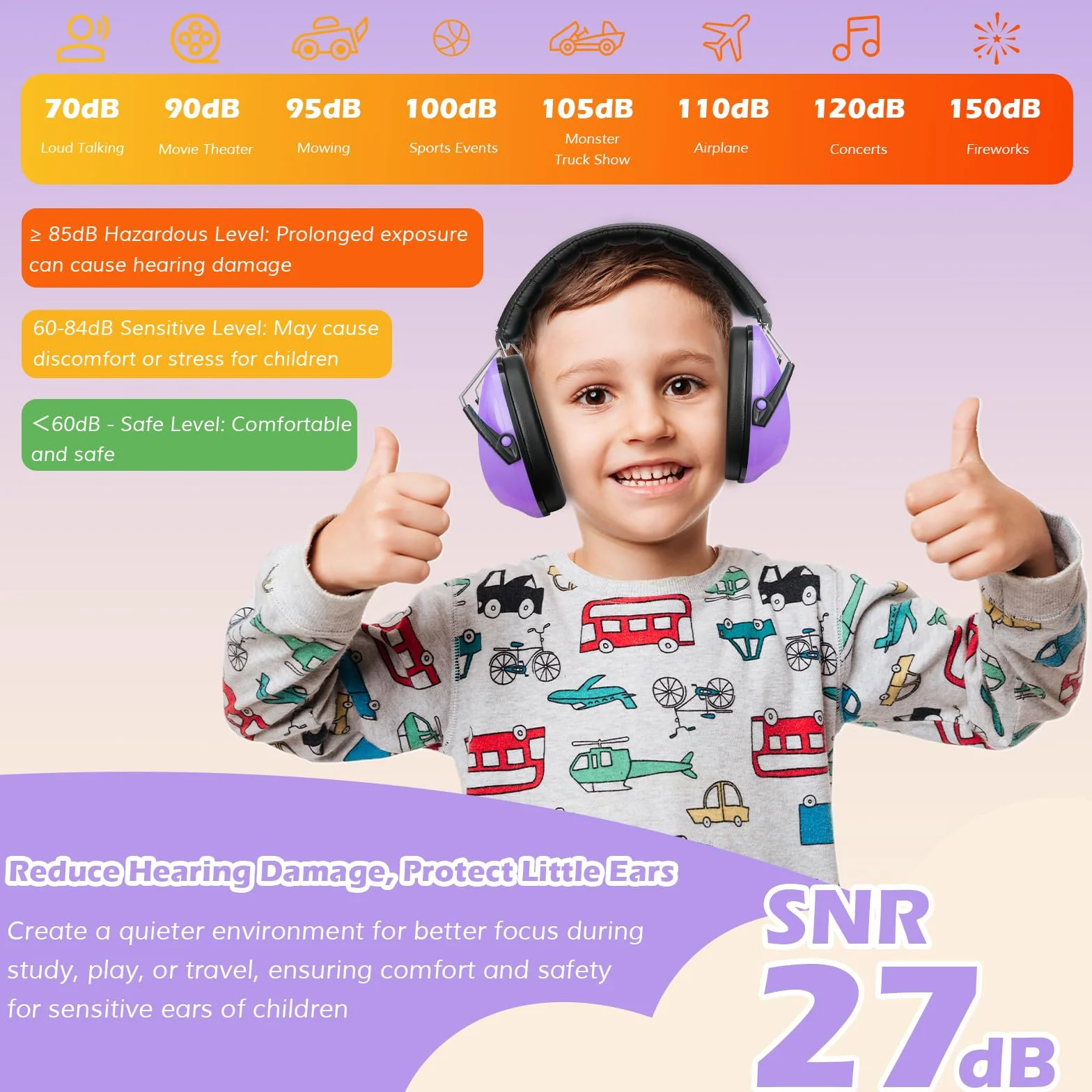 ProCase 1 szt. Słuchawki tłumiące hałas dla dzieci, NRR 21 dB Regulowane składane wygodne słuchawki chronią Twoje dzieci przed głośnym hałasem, fajerwerk koncert samolot do spania-fioletowy,