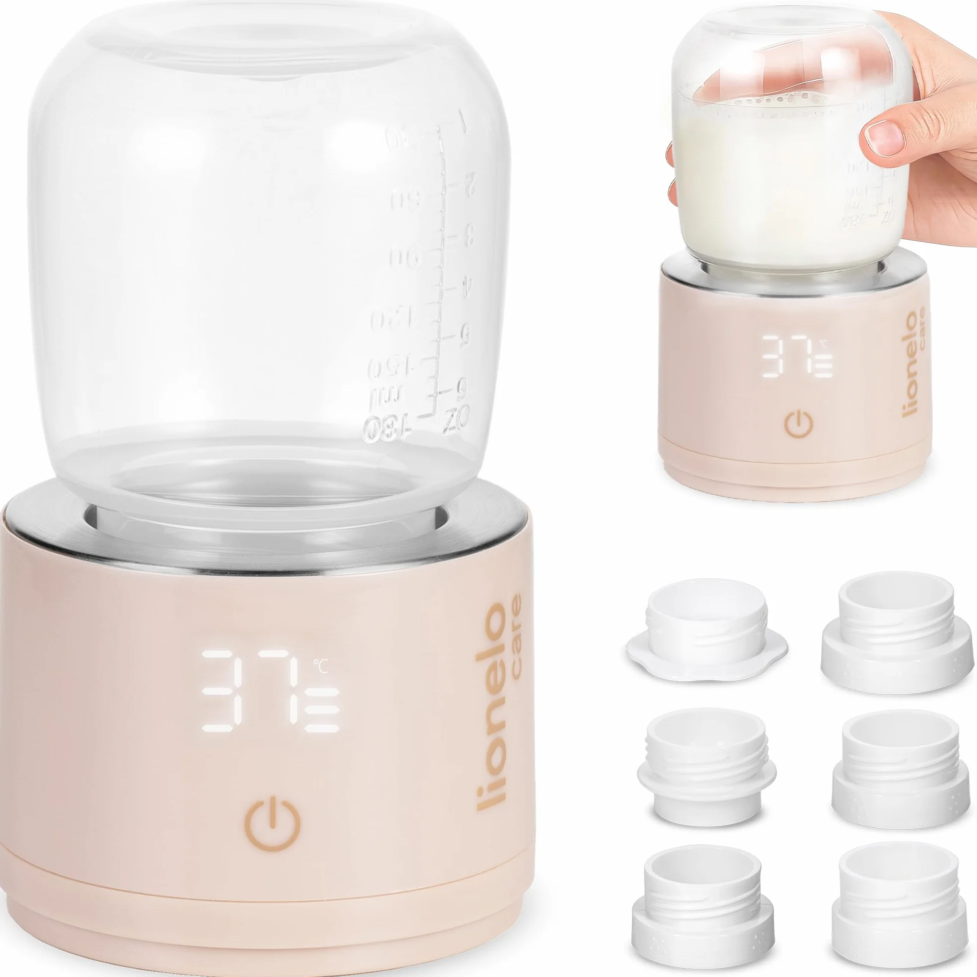 Lionelo Thermup Swift Podgrzewacz do Butelek Przenośny Bezprzewodowy, USB-C, Szybkie Podgrzewanie w 3 Min, 4 Temperatury 37-50 C, Podtrzymanie do 6 h, 5 Adapterów, Czujnik Braku Cieczy, z Akumulatorem