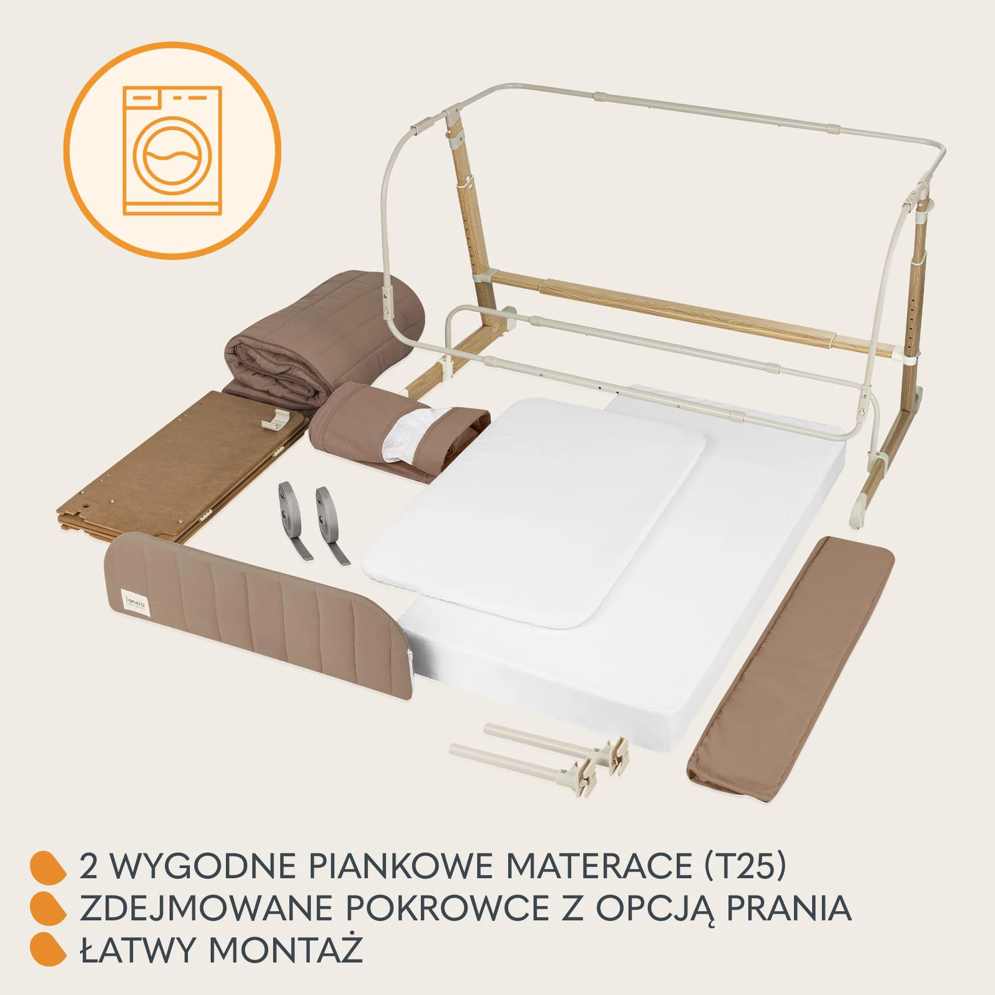 LIONELO THOMI PLUS 5 w 1 Dziecięce Łóżeczko Wolnostojące, Dostawne do 9kg, dla Starszego Dziecka do 30 kg, Kojec do 15 kg, Sofa do 100 kg Regulacja Wysokości, 2 Koła, Otwierany Bok (Carmel)