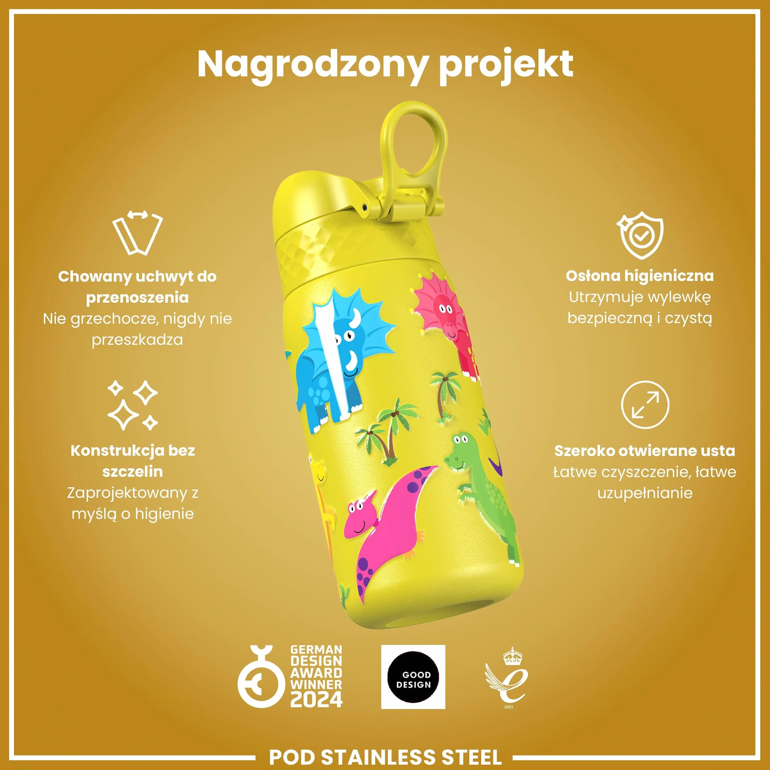 ION8 Butelka na Wodę dla Dzieci ze Lekki Stali, 400 ml/13 oz, Nieocieplany, Szczelna, Łatwa do Otwarcia, Bezpieczny Zamek, Można Myć w Zmywarce, Składany Uchwyt, Łatwa w Czyszczeniu, Dinozaury