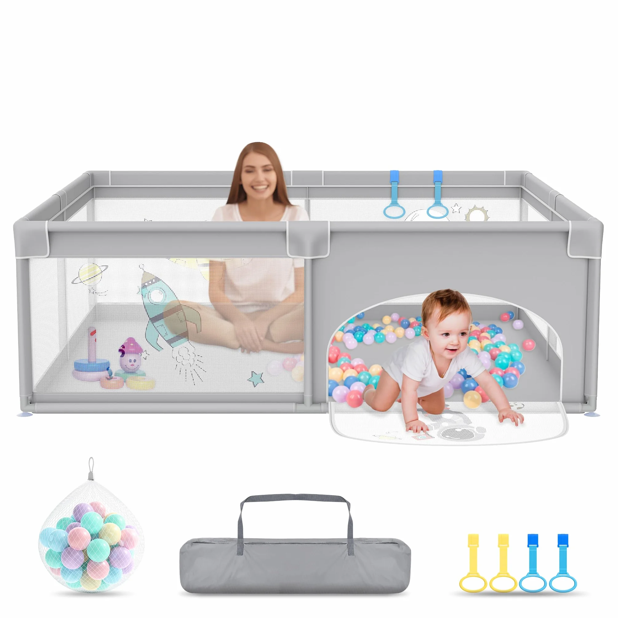 UISEBRT Kojec dla niemowląt 180 x 200 cm, kojec dla niemowląt z 50 piłkami oceanu i 4 pierścieniami pociągowymi i torbą do przenoszenia, składany namiot do kojca z oddychającą siatką dla dzieci, szary