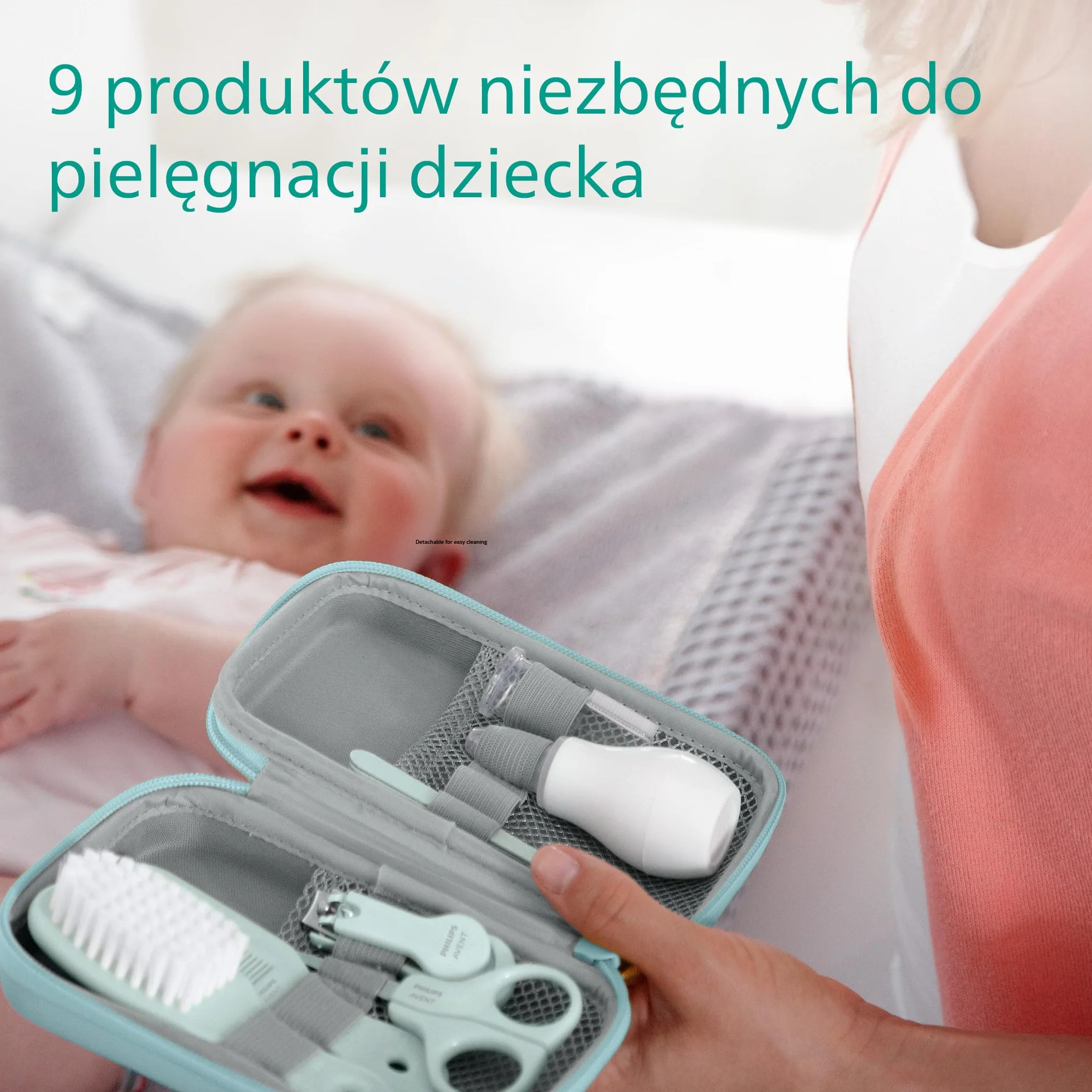 Philips Avent Zestaw do pielęgnacji dziecka, cążki do paznokci, nożyczki, 3 pilniczki, grzebień, szczotka do włosów, aspirator do nosa i szczoteczka do zębów na palec (model SCH401/00)