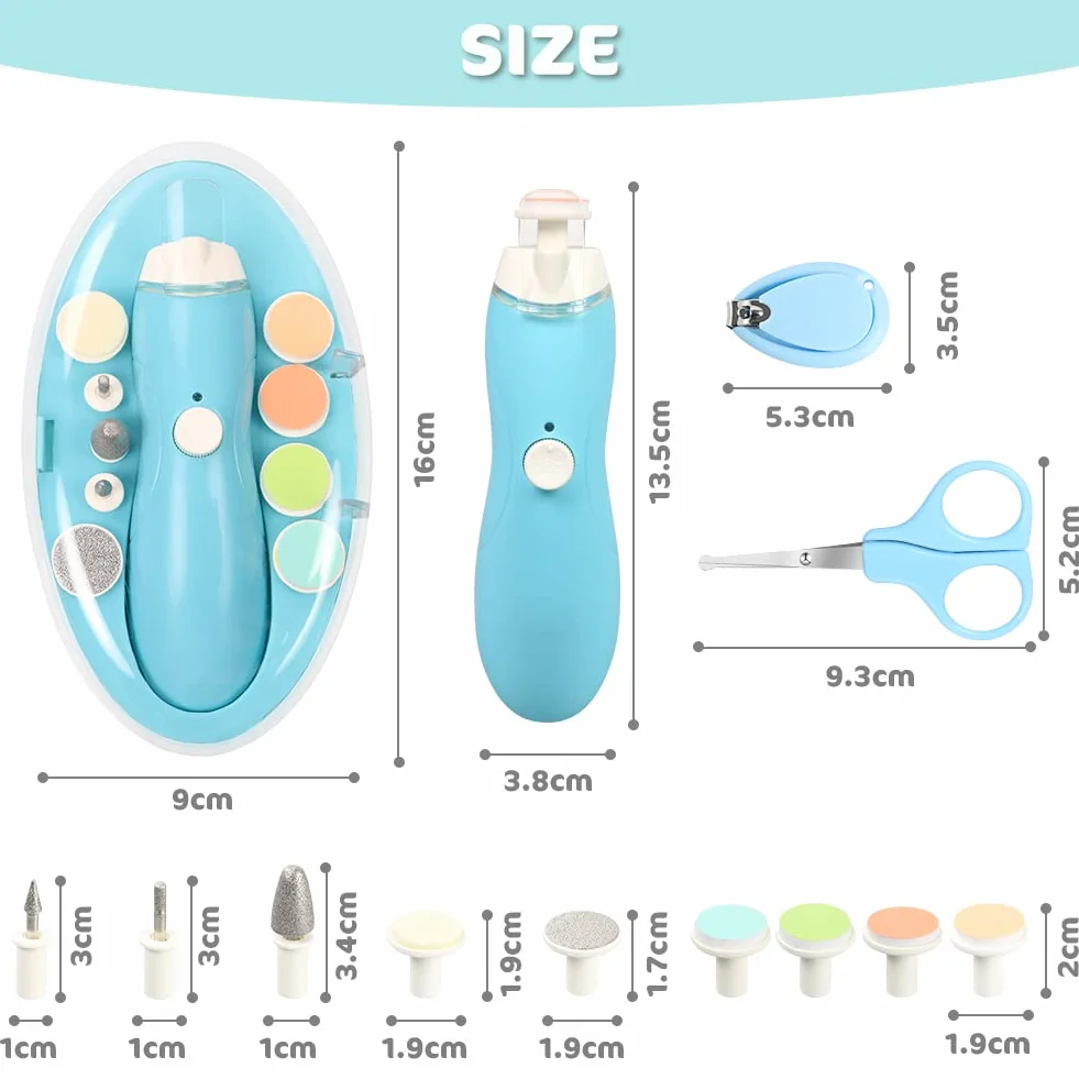 Vicloon Pilnik do paznokci dla niemowląt, elektryczny trymer do paznokci 11 w 1, zestaw do manicure, światło LED, cichy design, zestaw obcinaczy do paznokci dla niemowląt z 9 głowicami szlifierskimi i