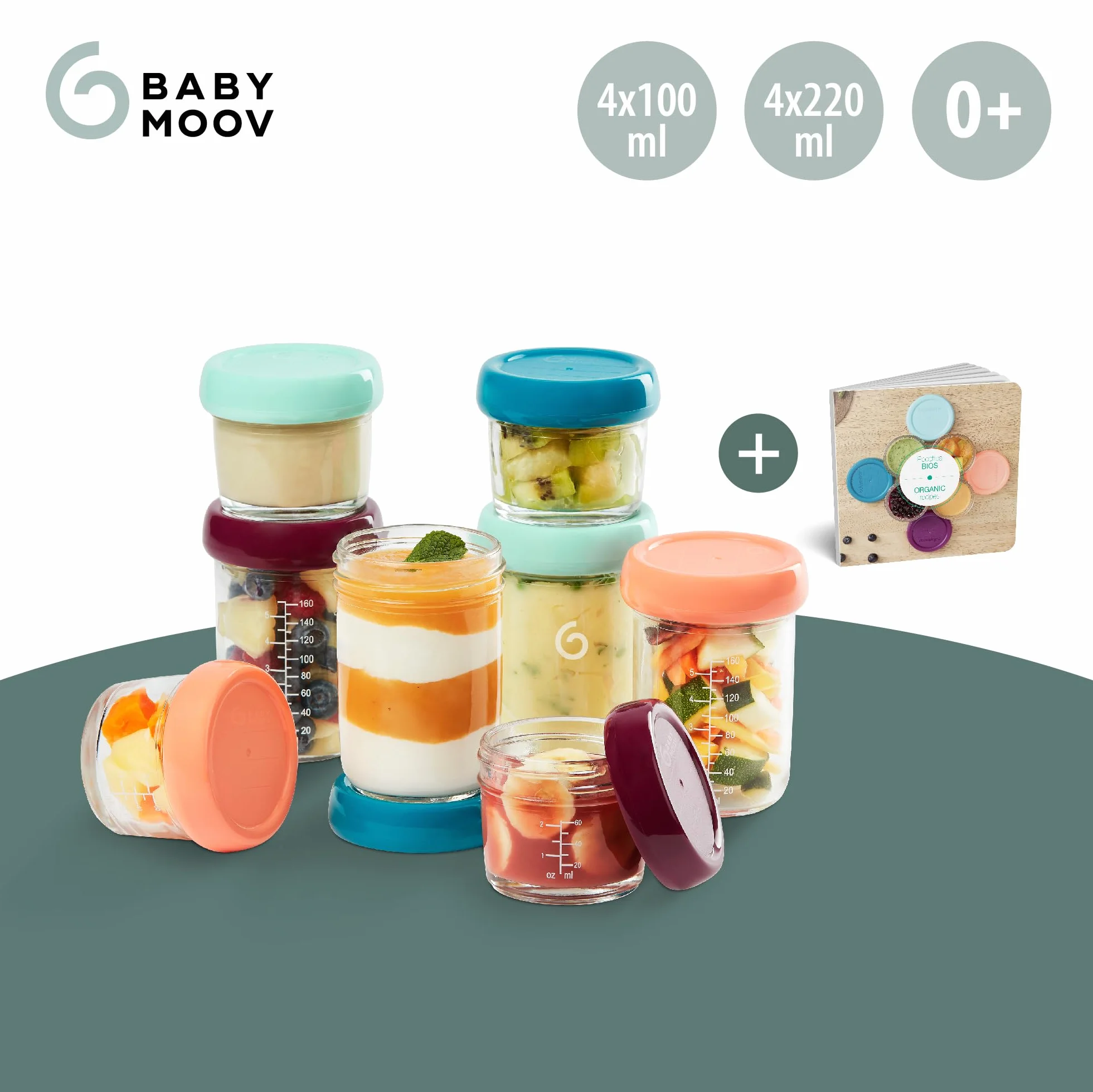 Babymoov Szklane Babybols, 4 x 100 ml + 4 x 220 ml pojemniki do przechowywania żywności dla niemowląt – pokrywki wielokrotnego użytku