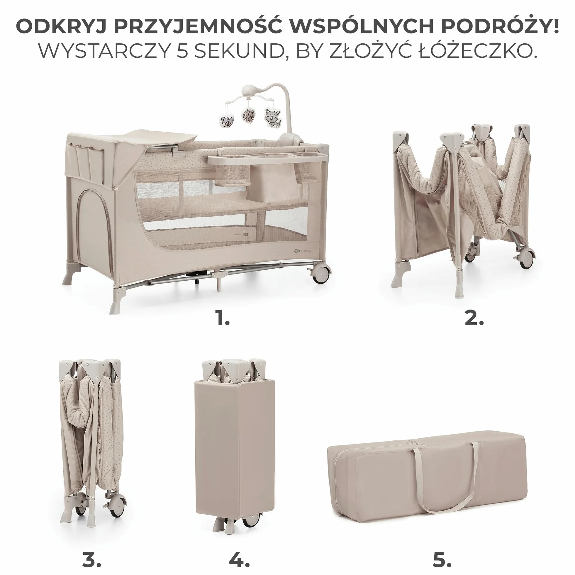 Kinderkraft JOY ACC 2 Łóżeczko turystyczne 3 w 1, Boczne wejście, Szybkie składanie i rozkładanie, Zabezpieczenie przed złożeniem, Kółka i torba ułatwiające transport, Pałąk z zabawkami, Beżowy
