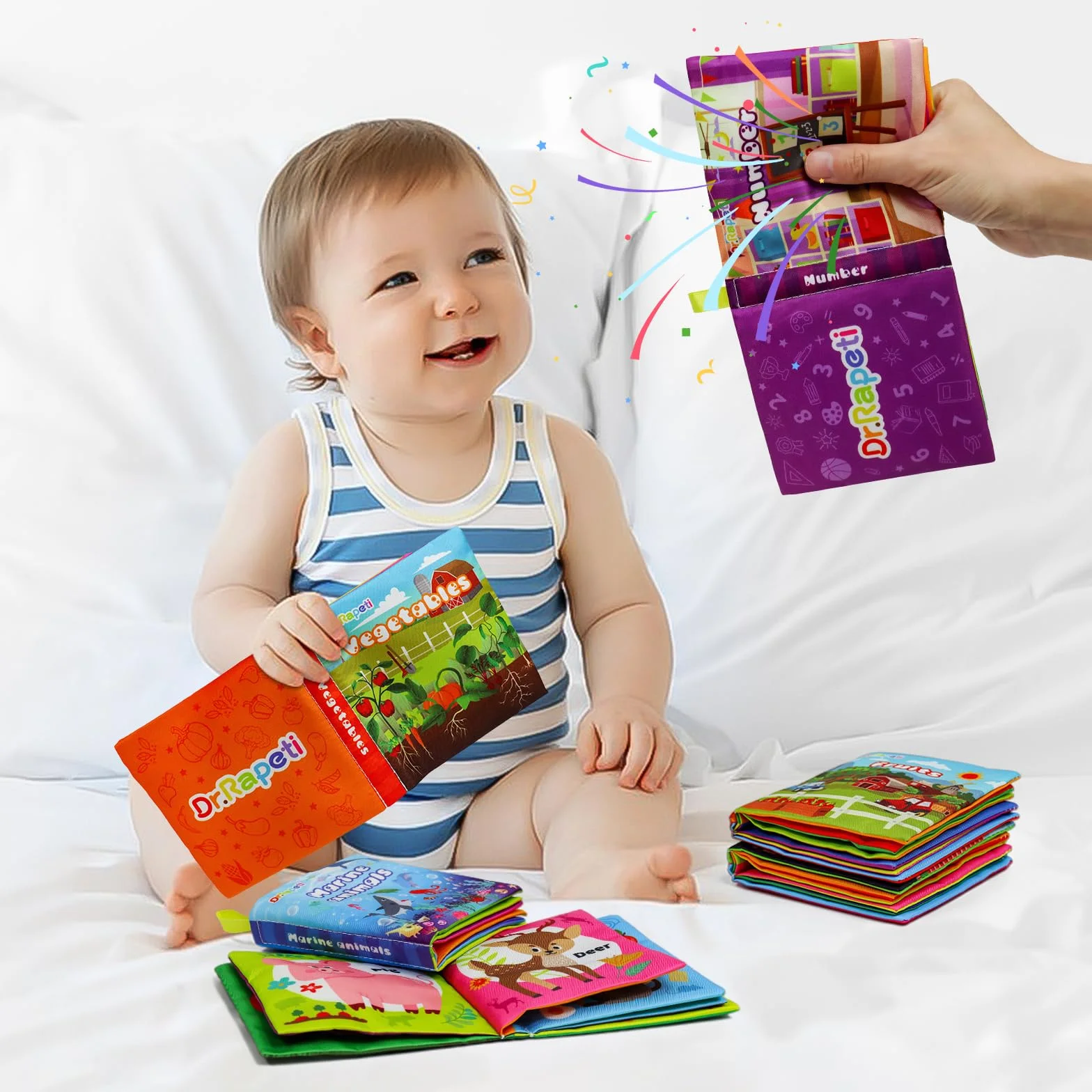Dr.Rapeti 6 Pack Soft Books - Baby Sensory, Bath, Crinkle Books - Washable, Nontoxic Educational Learning Toy for Infant Toddler Kids