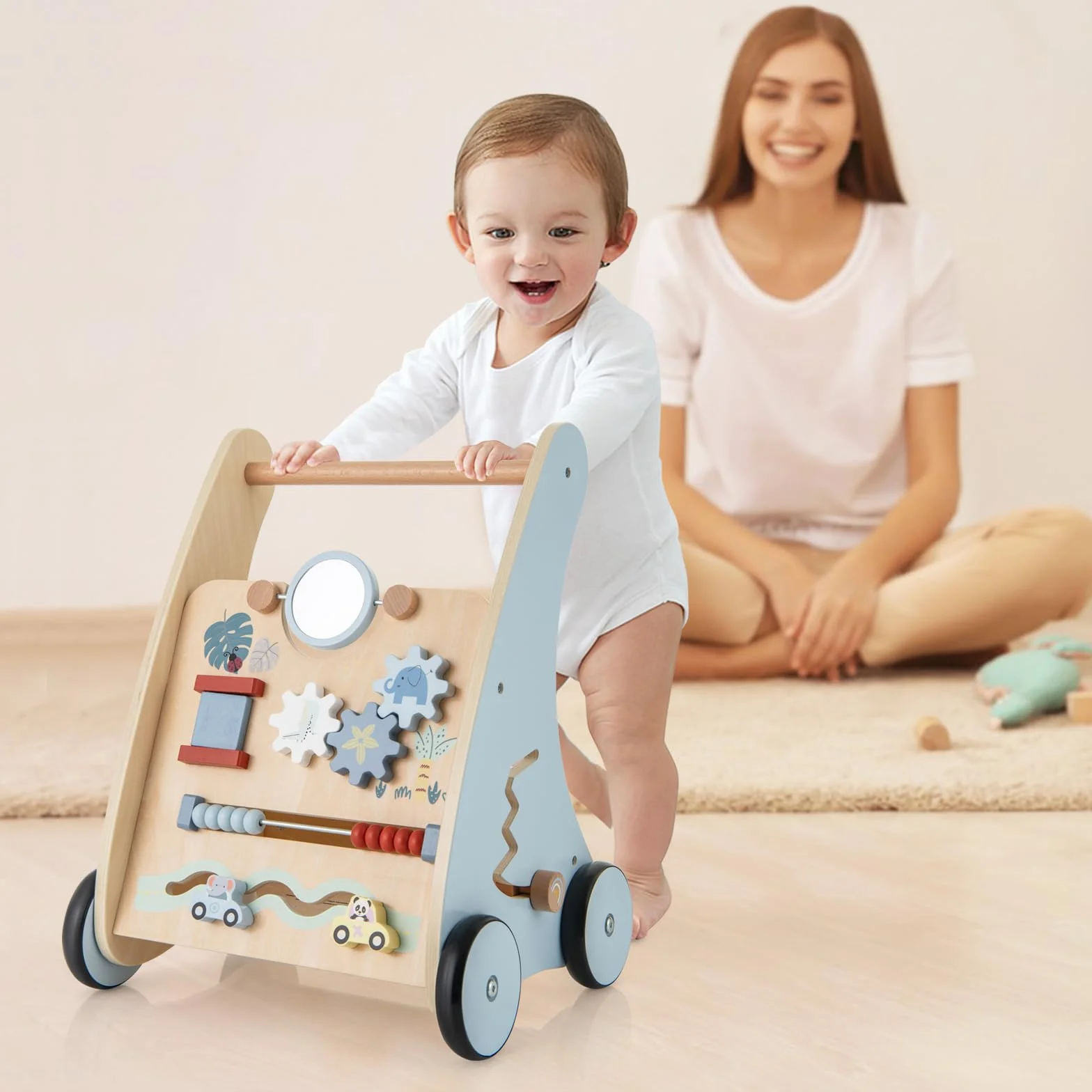 GOPLUS Wózek do nauki chodzenia 2 w 1, drewniany z interaktywnymi elementami, tylna półka, wózek do biegania Montessori Baby Walker dla dziewczynek i chłopców od 1 roku życia