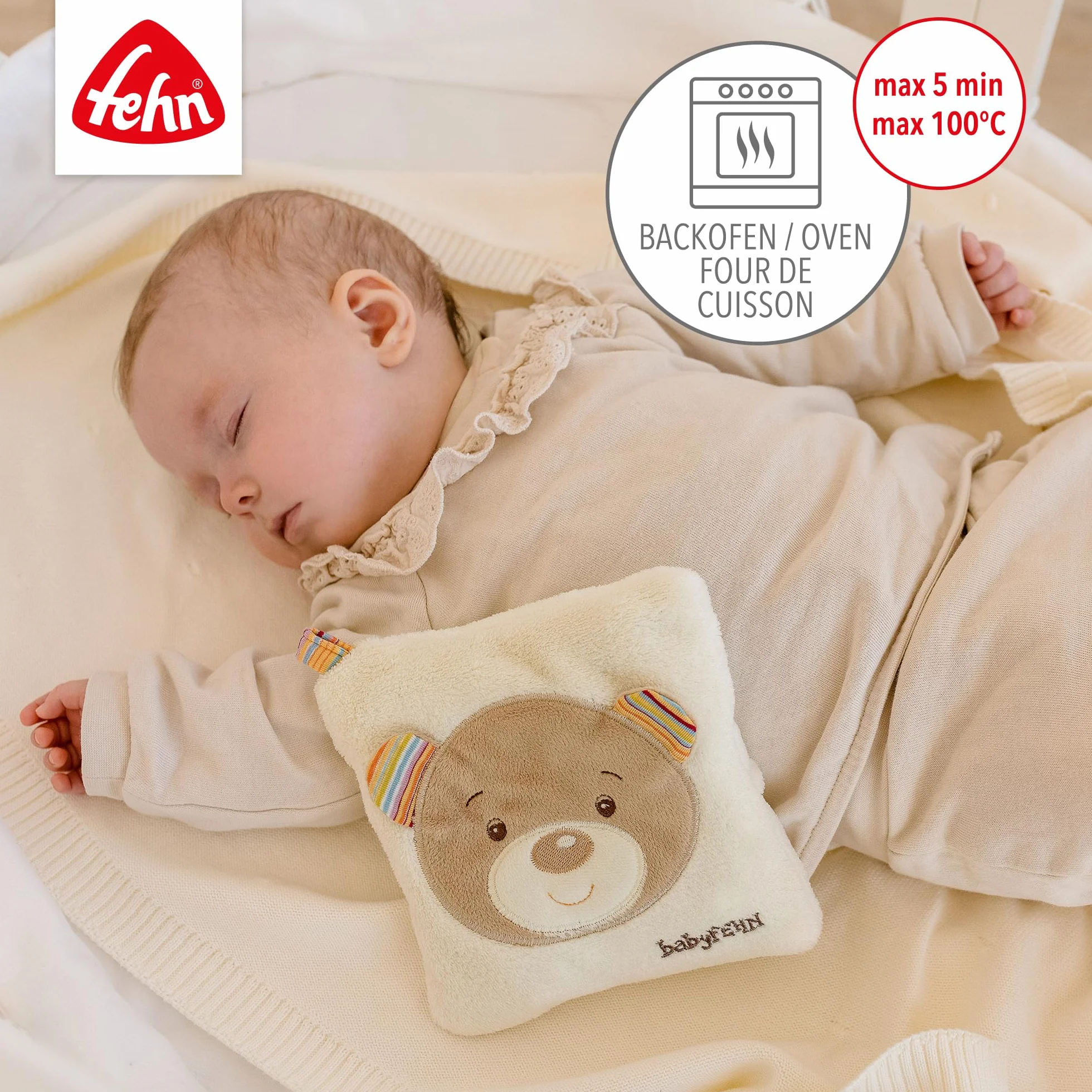 Fehn Kirschkernkissen Baby Teddy - Wärmekissen und Kältekissen für Babys ab 0+ Monaten - Körnerkissen für Backofen