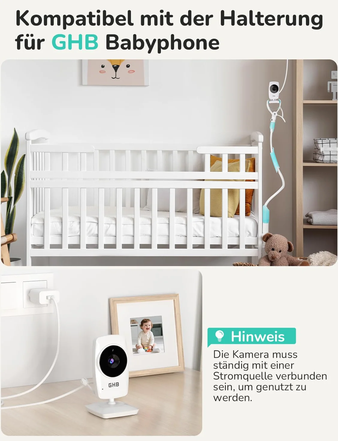 GHB Babyphone z kamerą, niania elektroniczna, 3,2-calowy wyświetlacz LCD, bateria 2100 mAh, 2-krotny zoom, czujnik temperatury, noktowizor, interkom