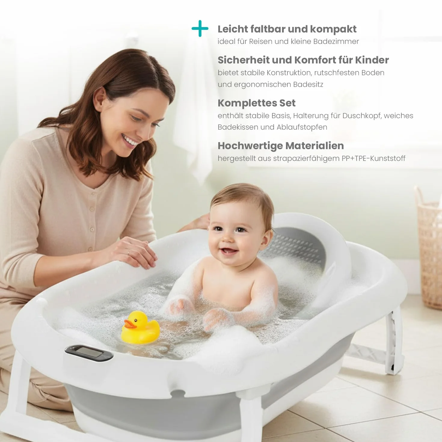 Primabobo Wanienka dla Niemowląt PREMIUM Składana z Inteligentnym Termometrem LCD i Fotelikiem, Luksusowa Wanienka 80cm z Miękką Wkładką, System Szybkiego Składania, Szara