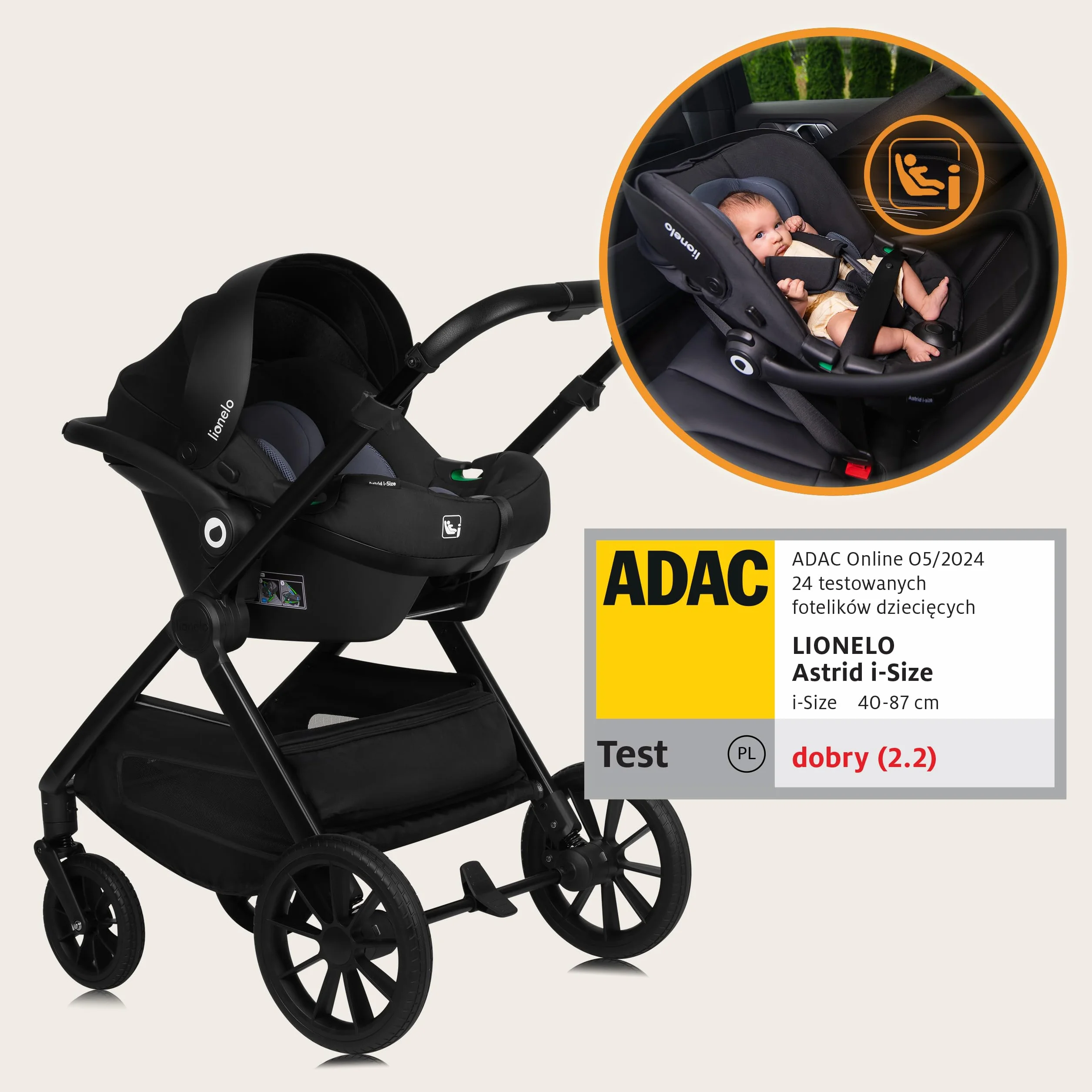 LIONELO LAYLA Wózek dziecięcy 3 w 1 0-48 miesięcy do 22 kg gondola do 9 kg, AiryDots, obracane koła PU o 360°, całkowita amortyzacja Booth XXL (BLACK ONYX)